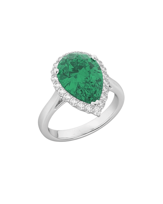 18K Pear Cut Emerald and Diamond Halo Engagement Ring