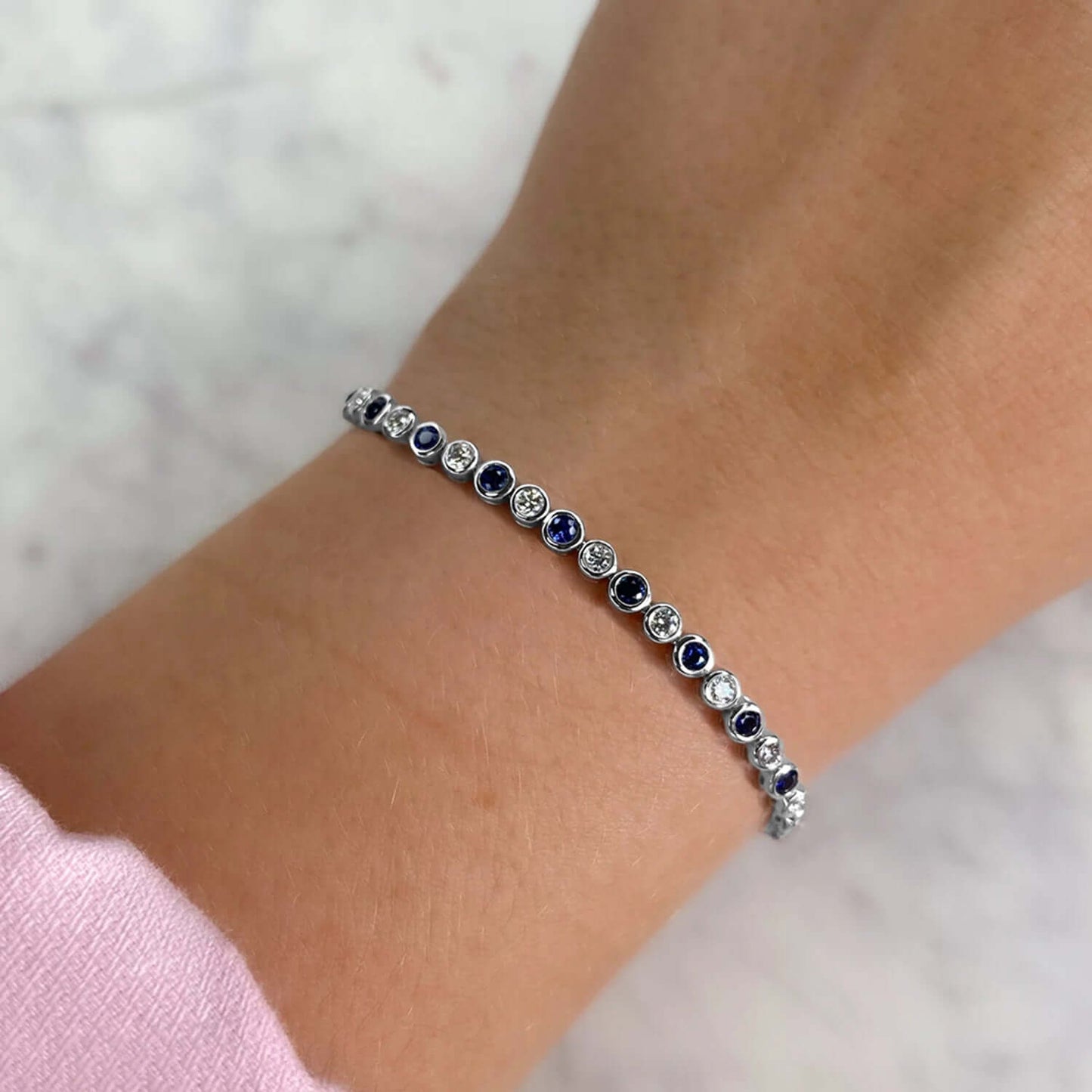 18K White Gold Blue Sapphire and Diamond Tennis Bracelet