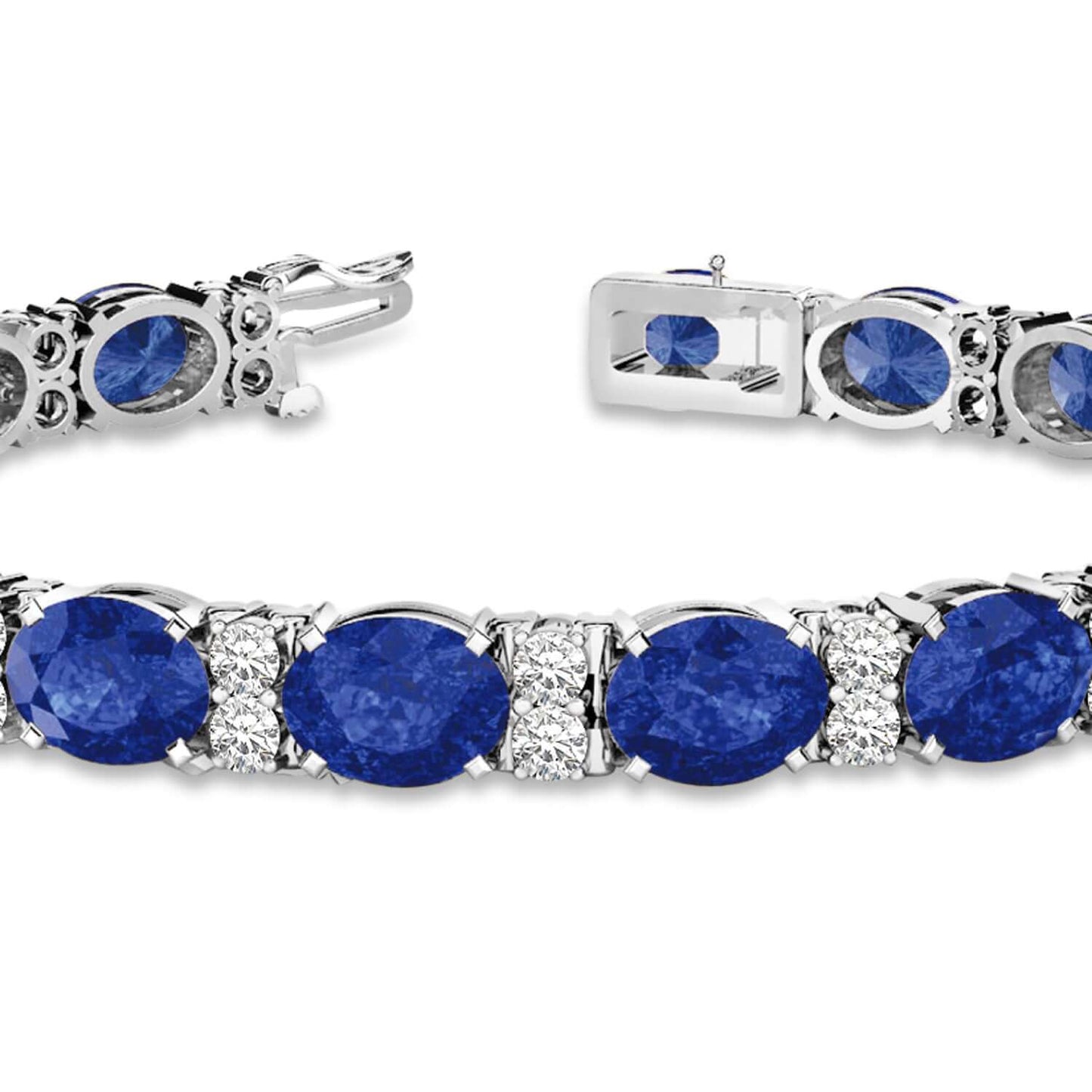 18K White Gold Tennis Bracelet with Diamonds and Oval-Cut Sapphires