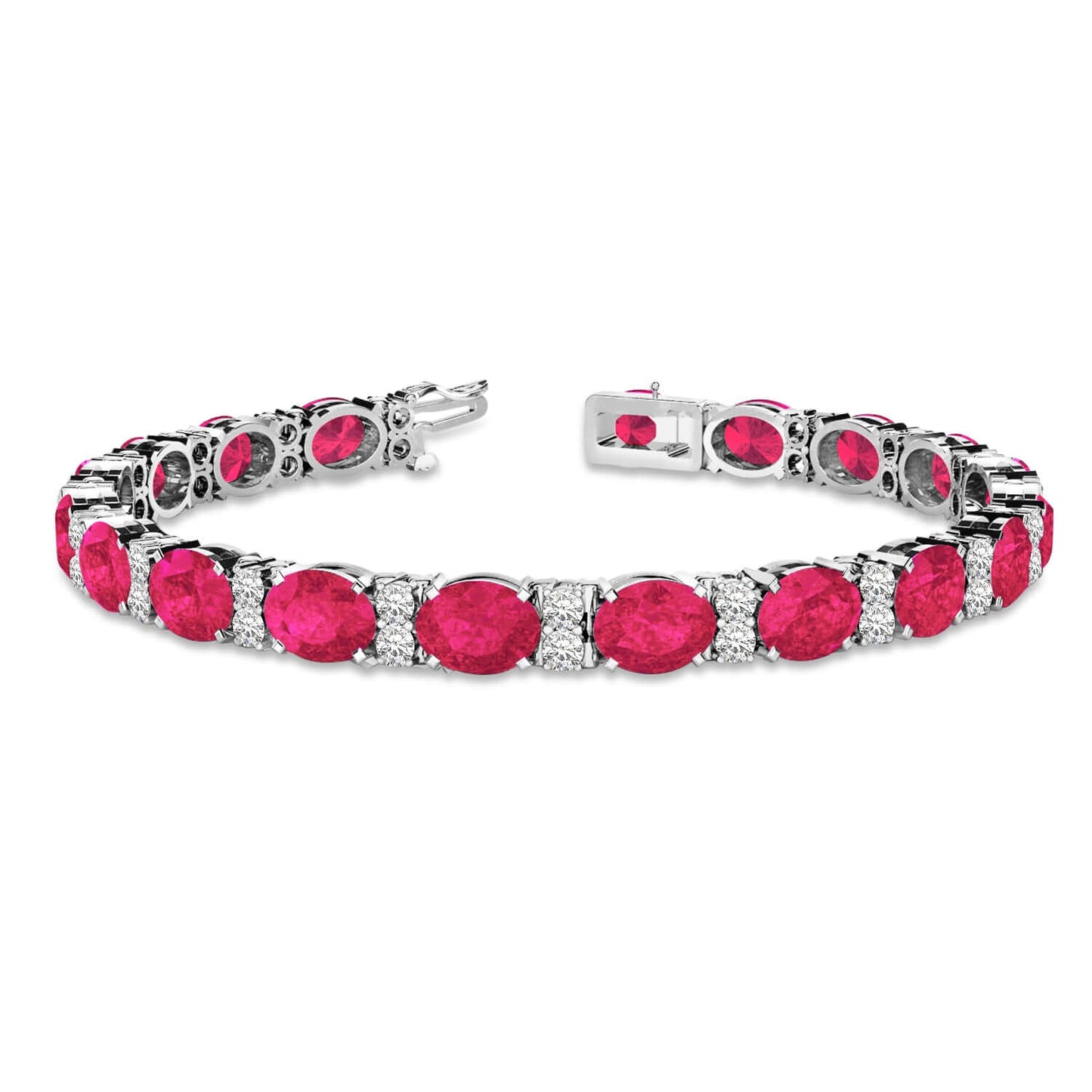 18K White Gold Ruby and Diamond Oval Tennis Bracelet