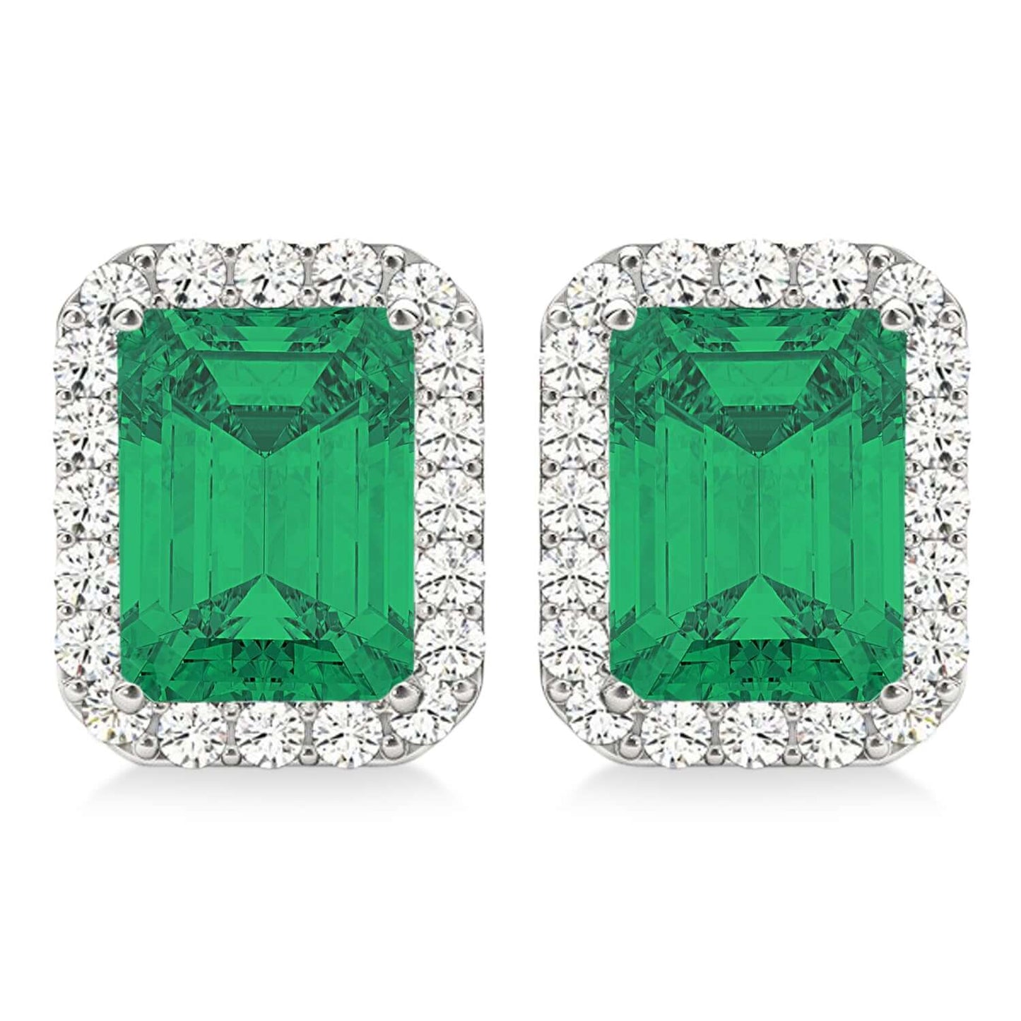 18K White Gold Emerald Cut Emerald & Diamond Halo Earrings