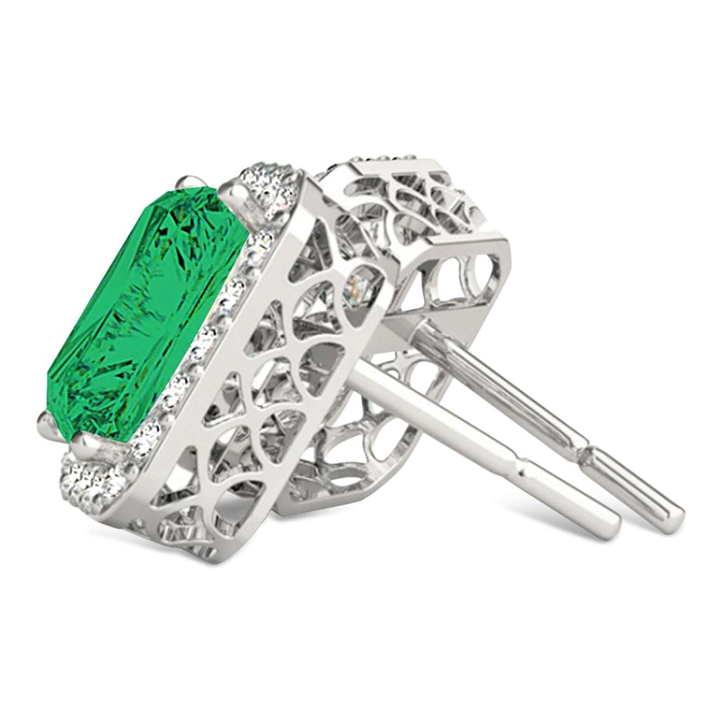 18K White Gold Emerald Cut Emerald & Diamond Halo Earrings