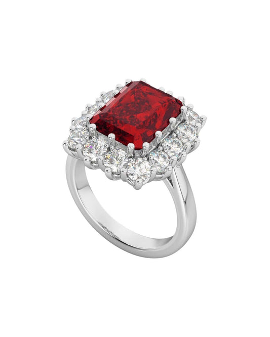 Emerald Cut Ruby and Diamond Ring in 18K White Gold