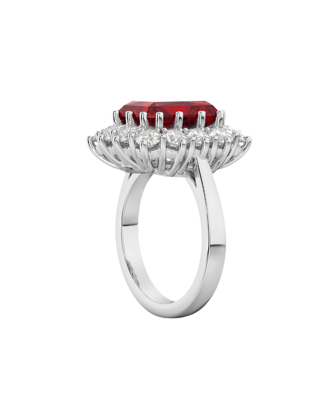 Emerald Cut Ruby and Diamond Ring in 18K White Gold