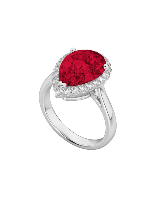 Pear Cut Ruby and Diamond Halo Engagement Ring in 18K White Gold