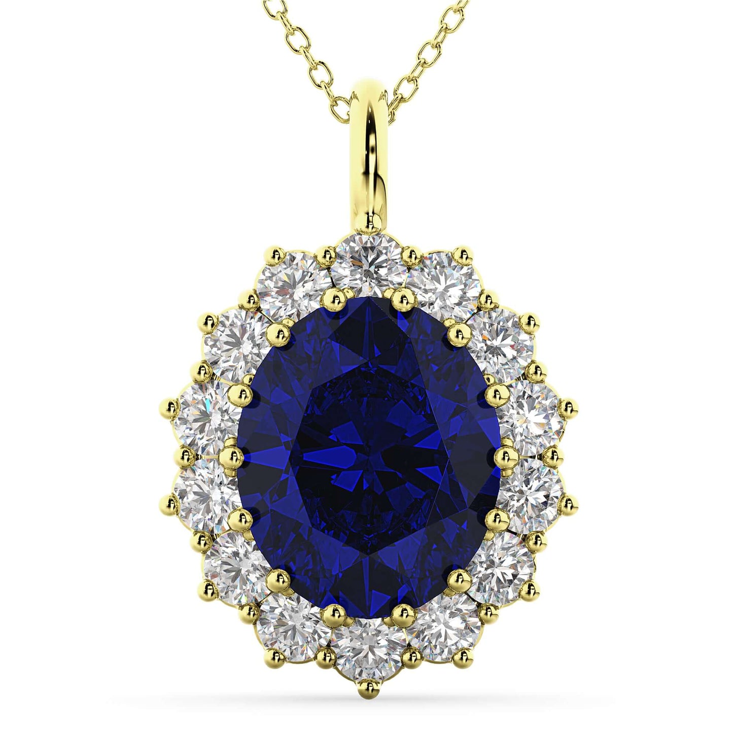 18K Yellow Gold Blue Sapphire and Diamond Halo Pendant Necklace