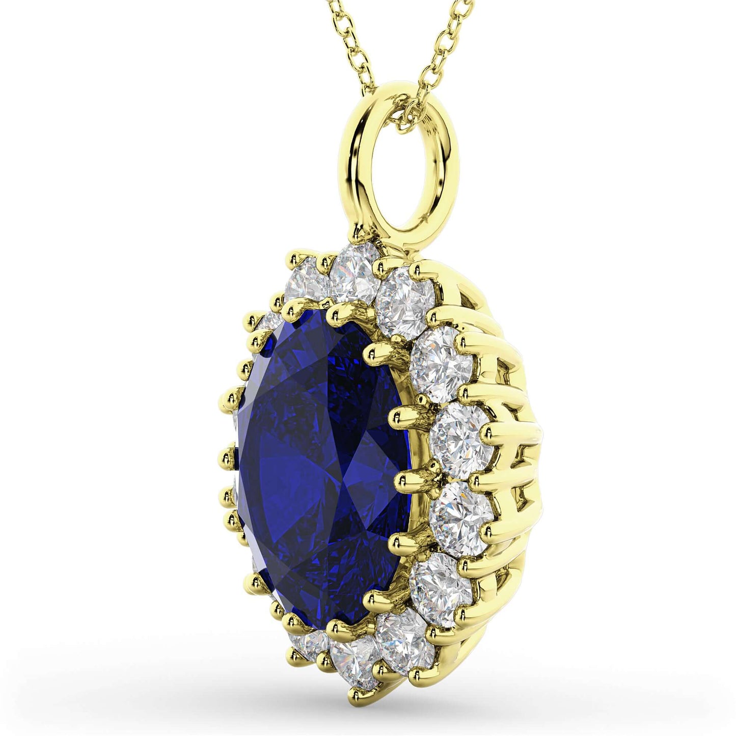 18K Yellow Gold Blue Sapphire and Diamond Halo Pendant Necklace