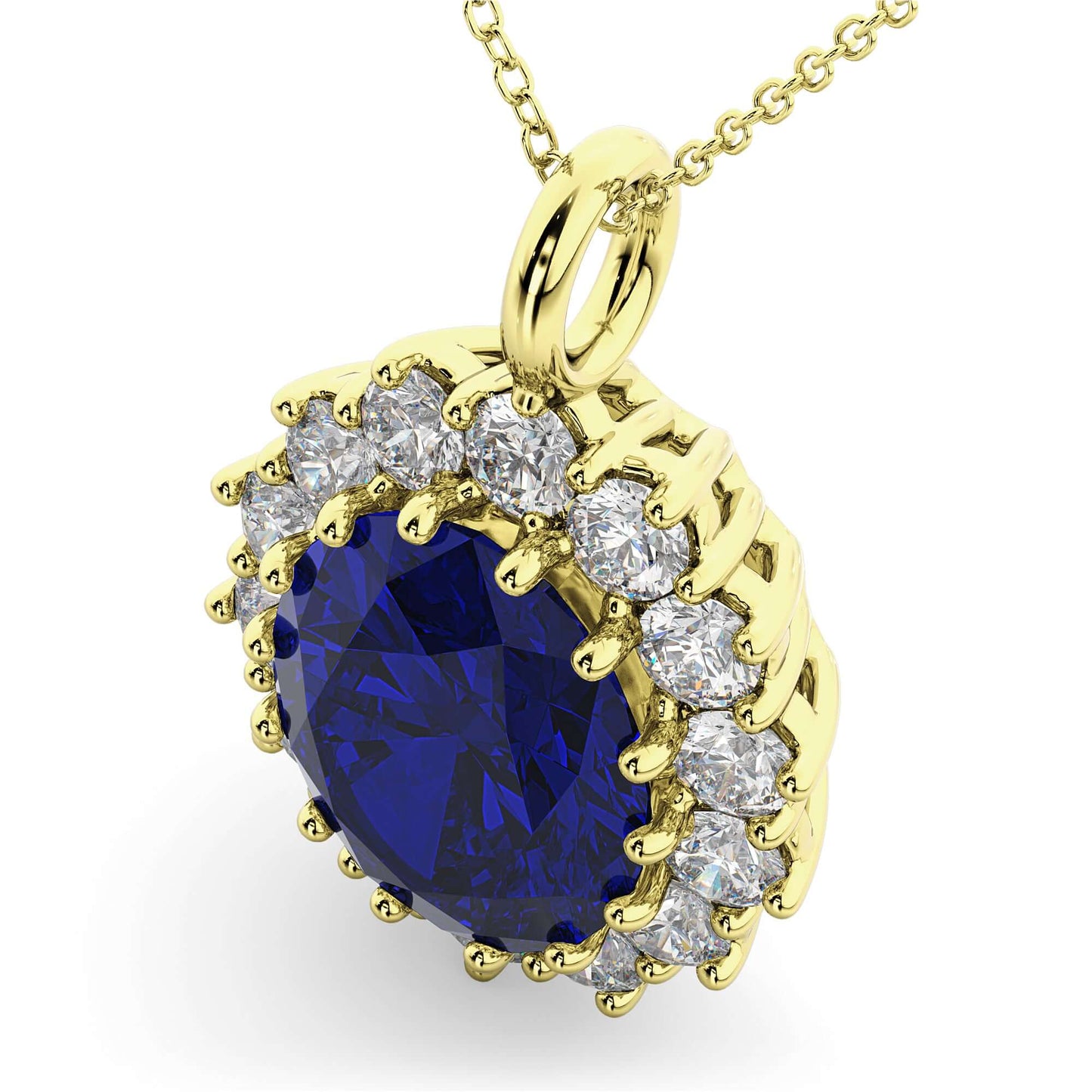 18K Yellow Gold Blue Sapphire and Diamond Halo Pendant Necklace