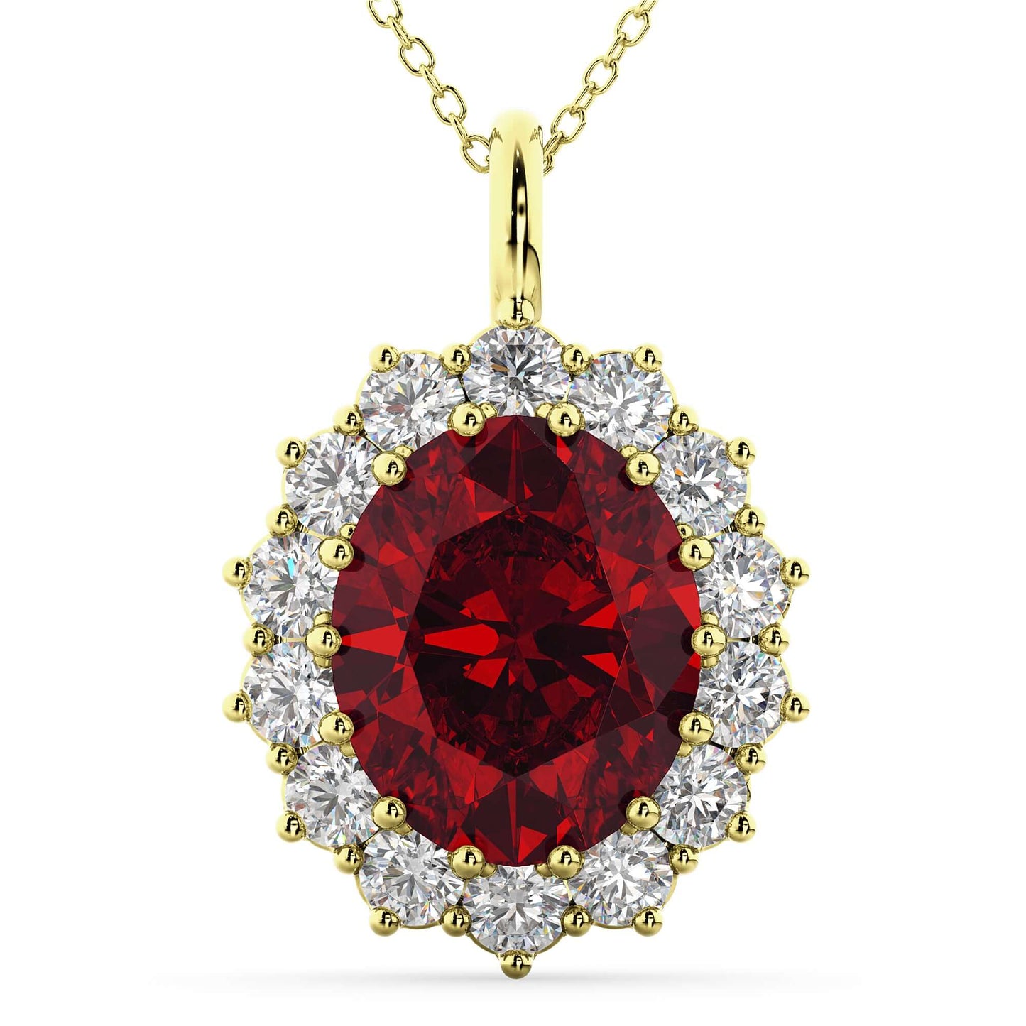 18K Yellow Gold Oval Ruby and Diamond Halo Pendant Necklace