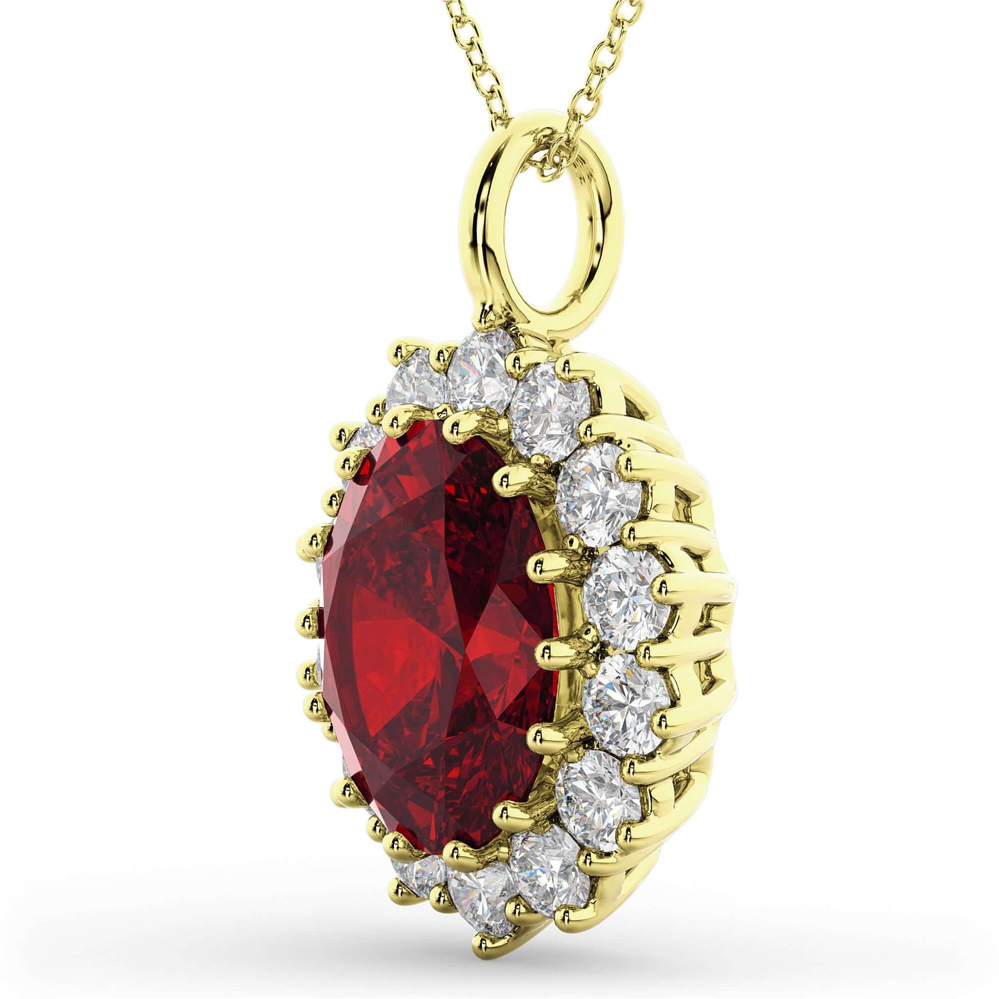 18K Yellow Gold Oval Ruby and Diamond Halo Pendant Necklace