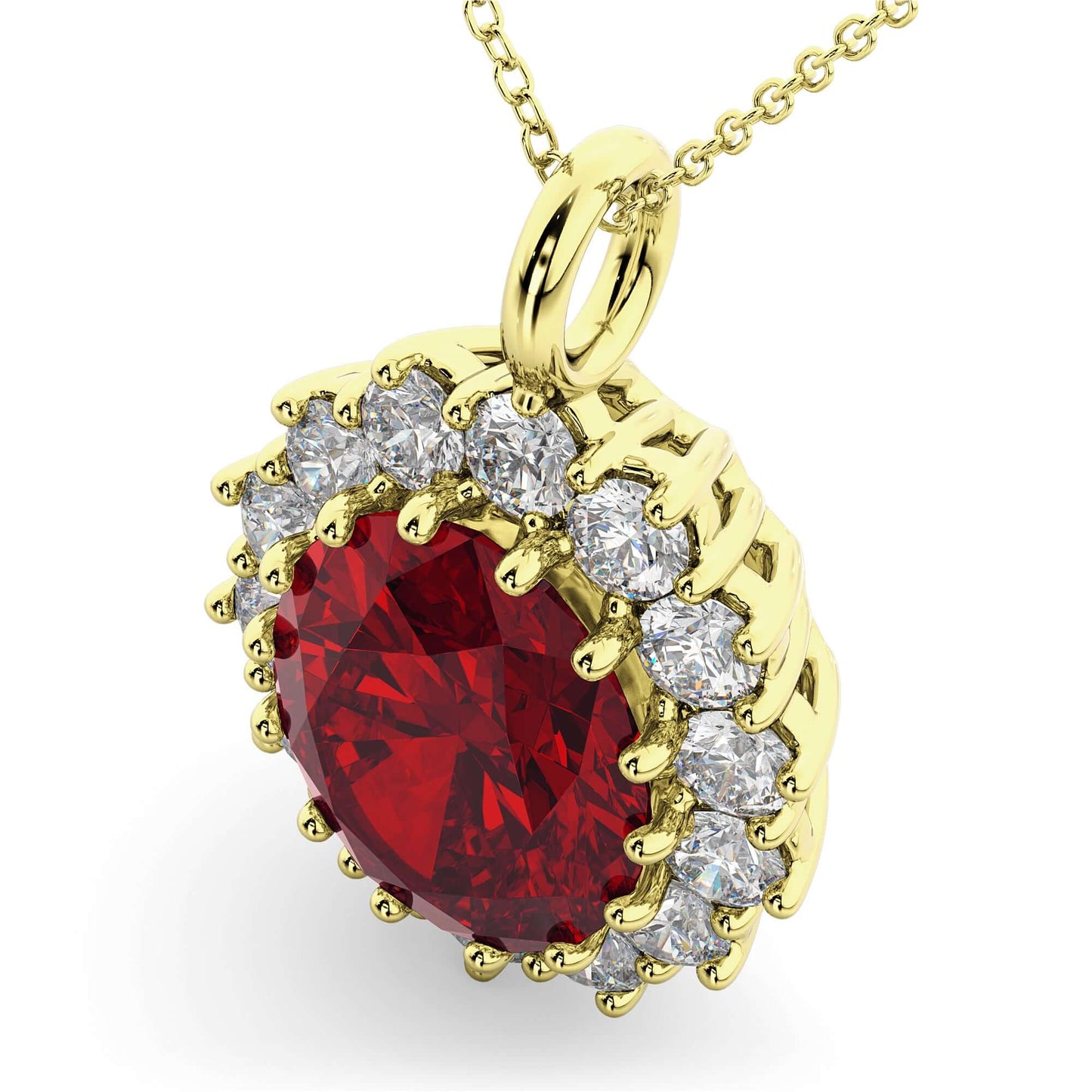 18K Yellow Gold Oval Ruby and Diamond Halo Pendant Necklace