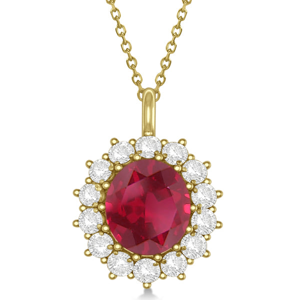 18K Yellow Gold Oval Ruby and Diamond Pendant Necklace