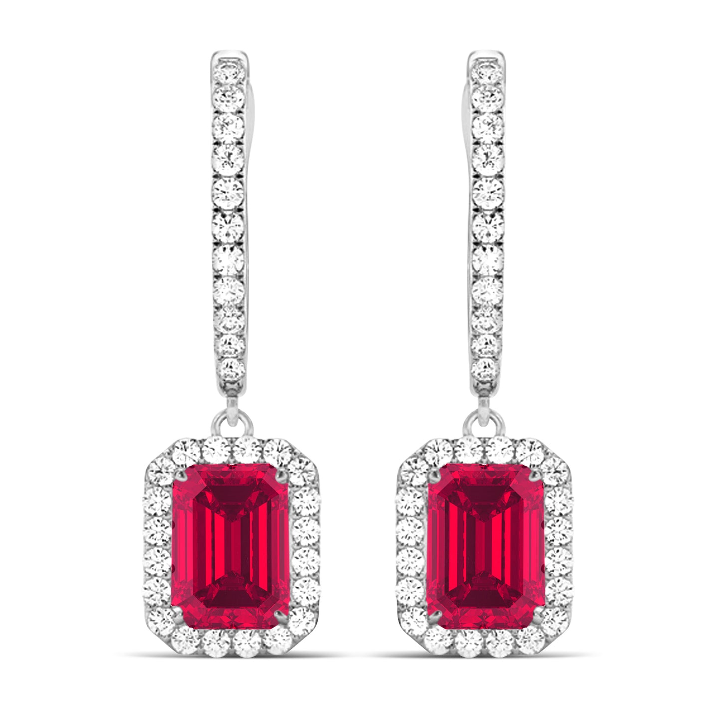 emerald-cut ruby diamond earrings in 18K white gold