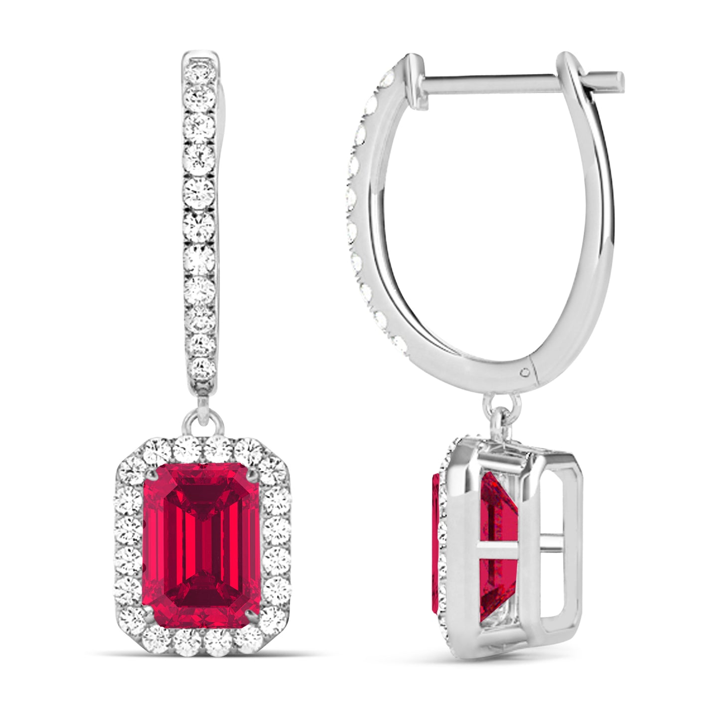 emerald-cut ruby diamond earrings in 18K white gold