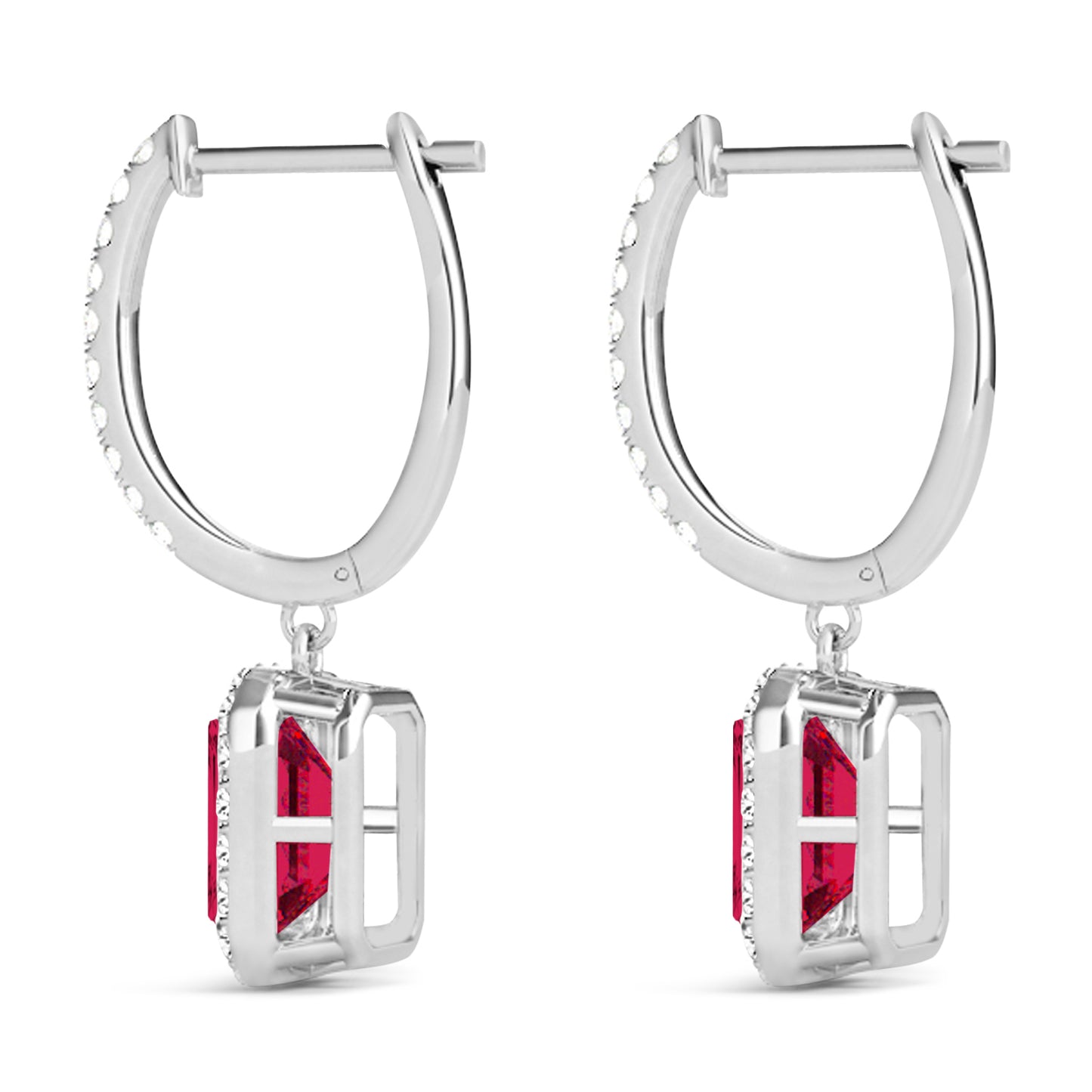 emerald-cut ruby diamond earrings in 18K white gold
