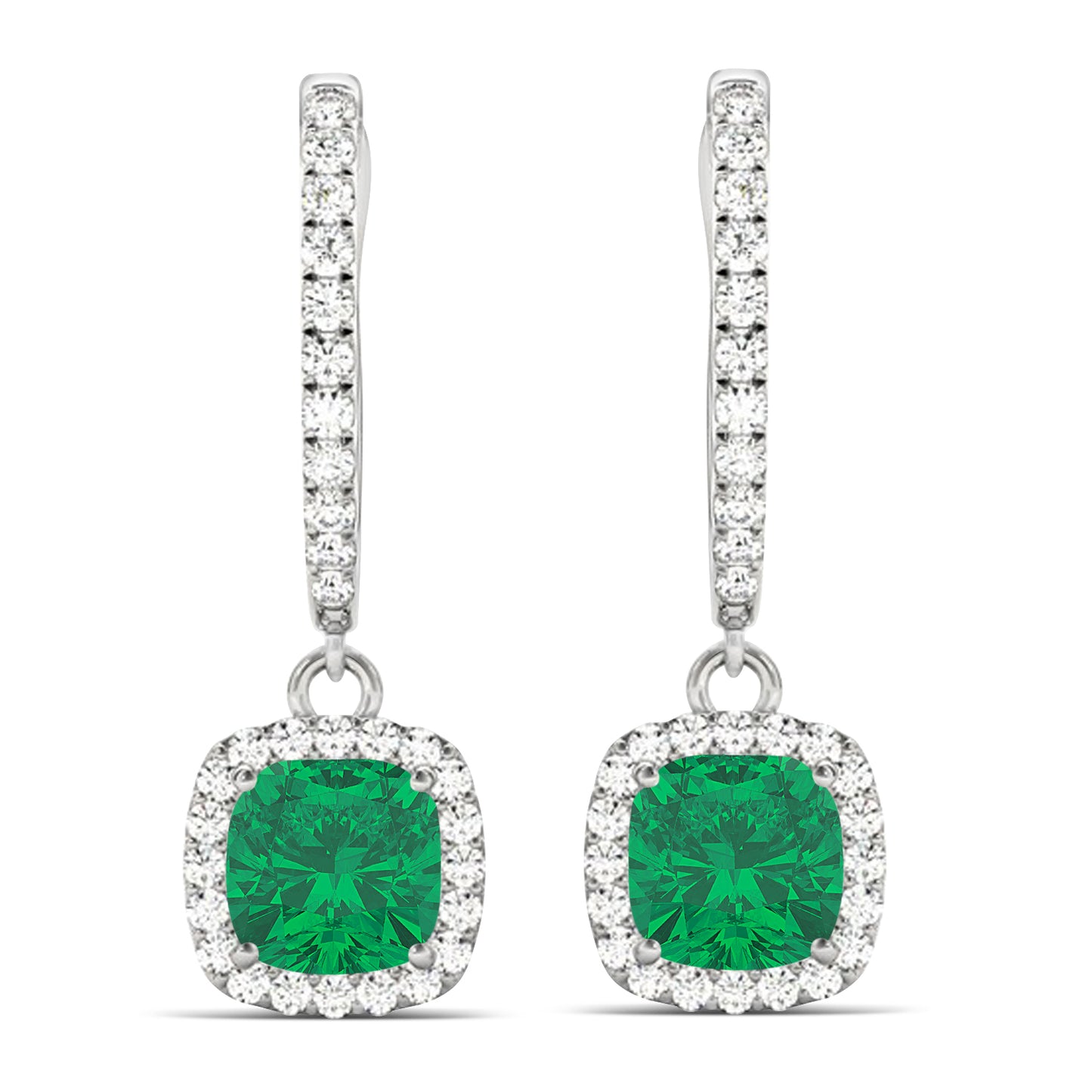 cushion emerald dangle earrings in 18K white gold