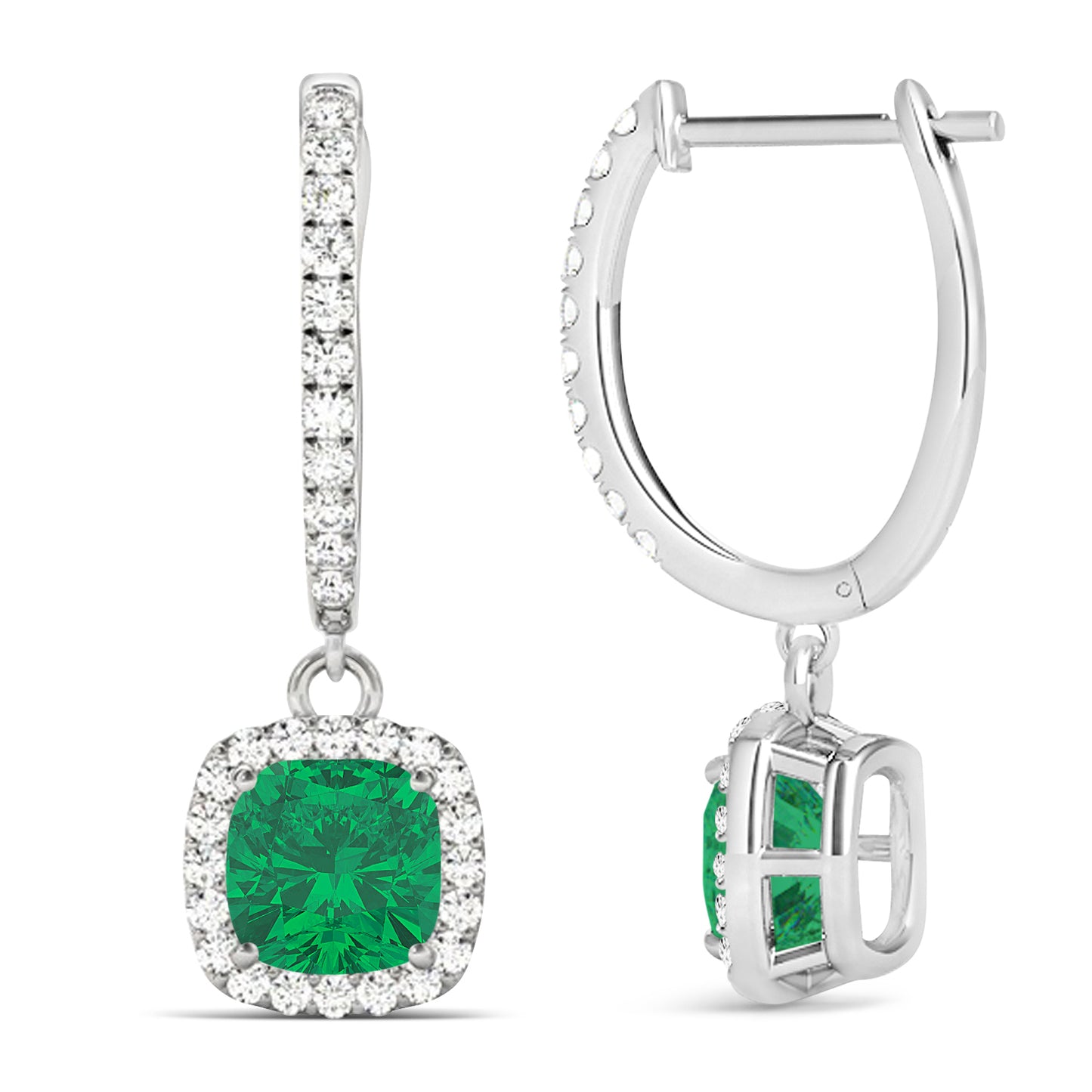 cushion emerald dangle earrings in 18K white gold