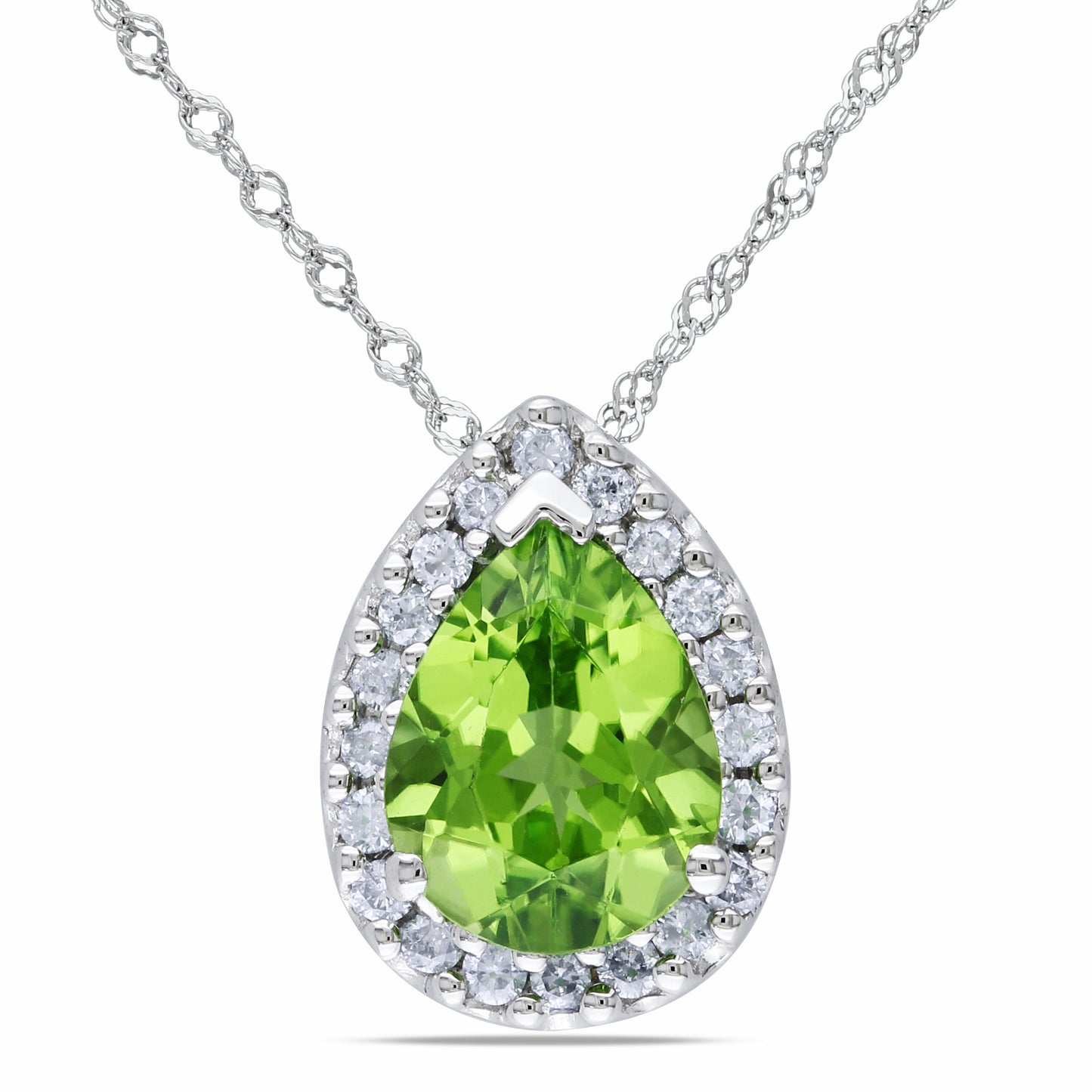 14K White Gold Diamond Peridot Halo Pendant Necklace
