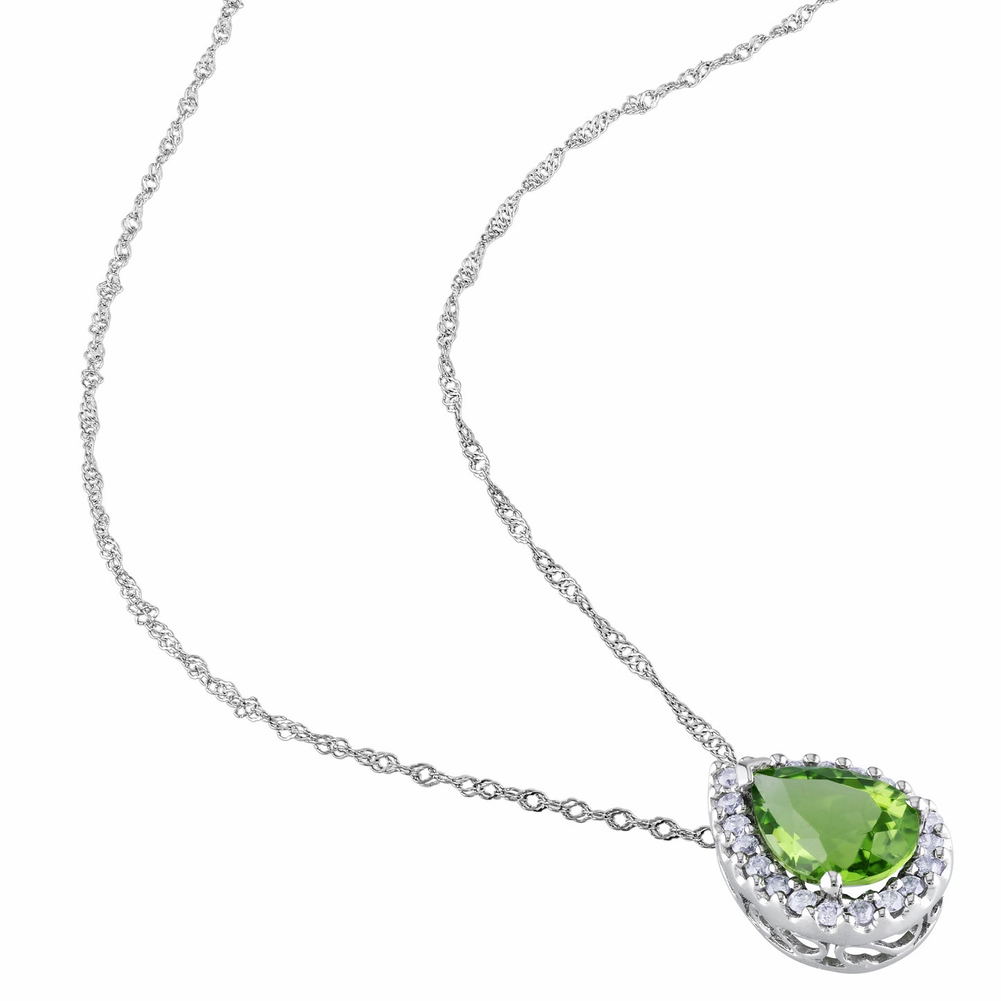 14K White Gold Diamond Peridot Halo Pendant Necklace