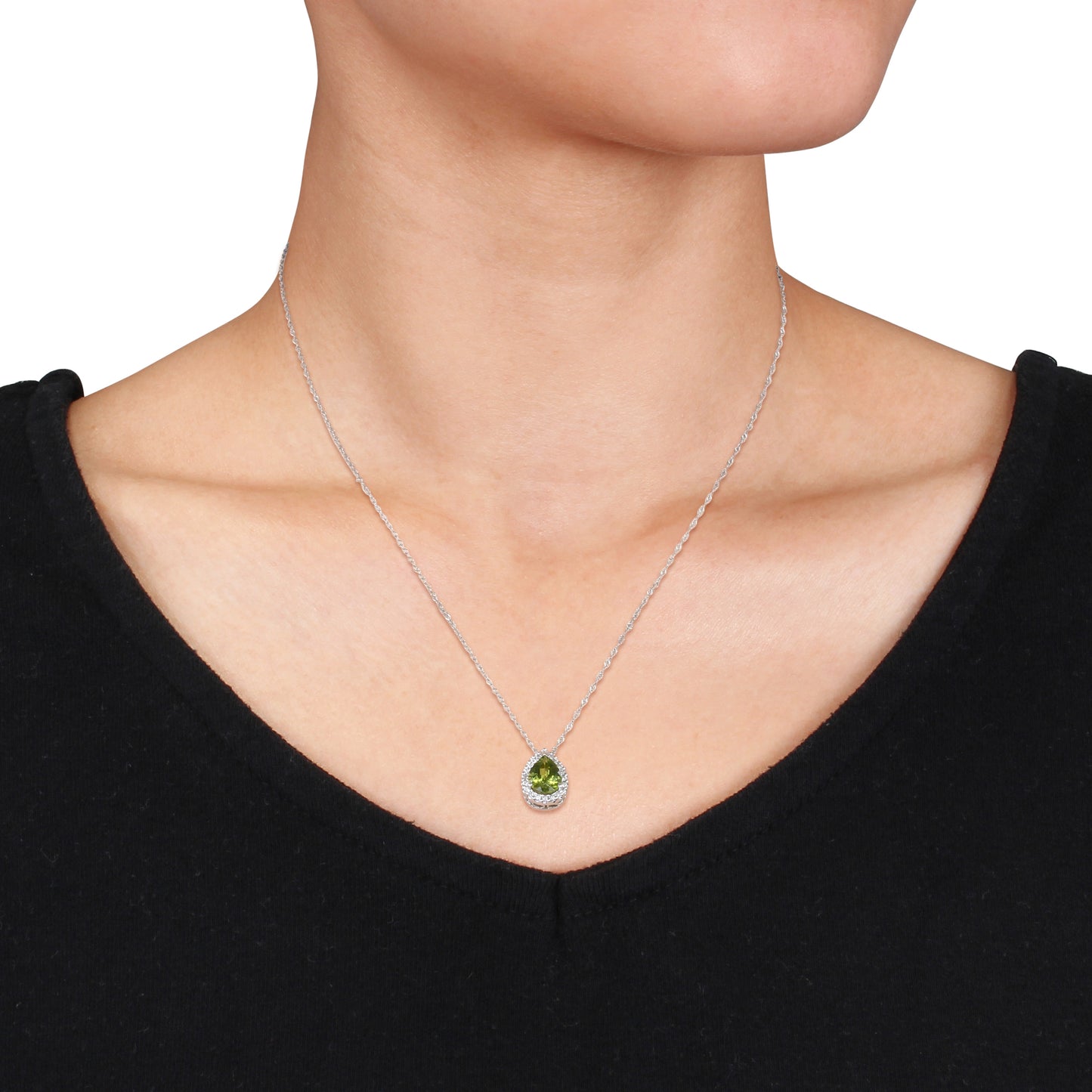 14K White Gold Diamond Peridot Halo Pendant Necklace