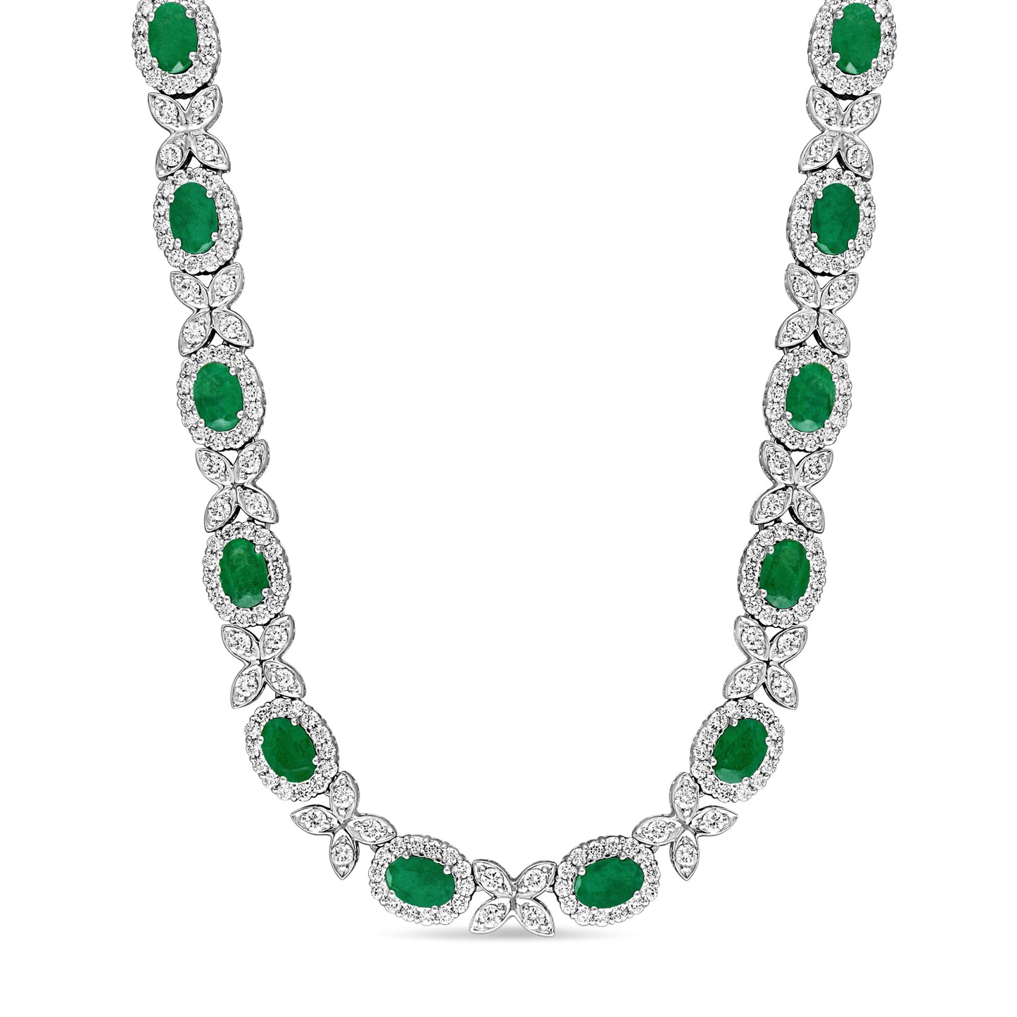18K White Gold Oval Emerald & Diamond Necklace