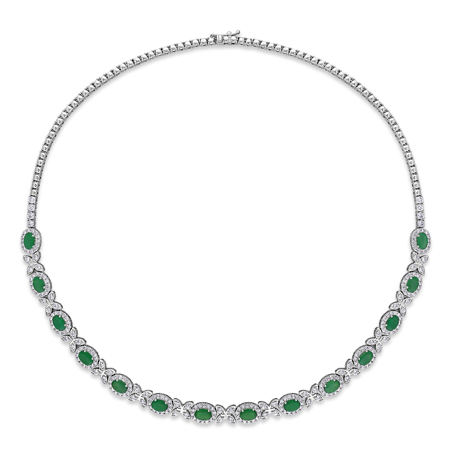18K White Gold Oval Emerald & Diamond Necklace