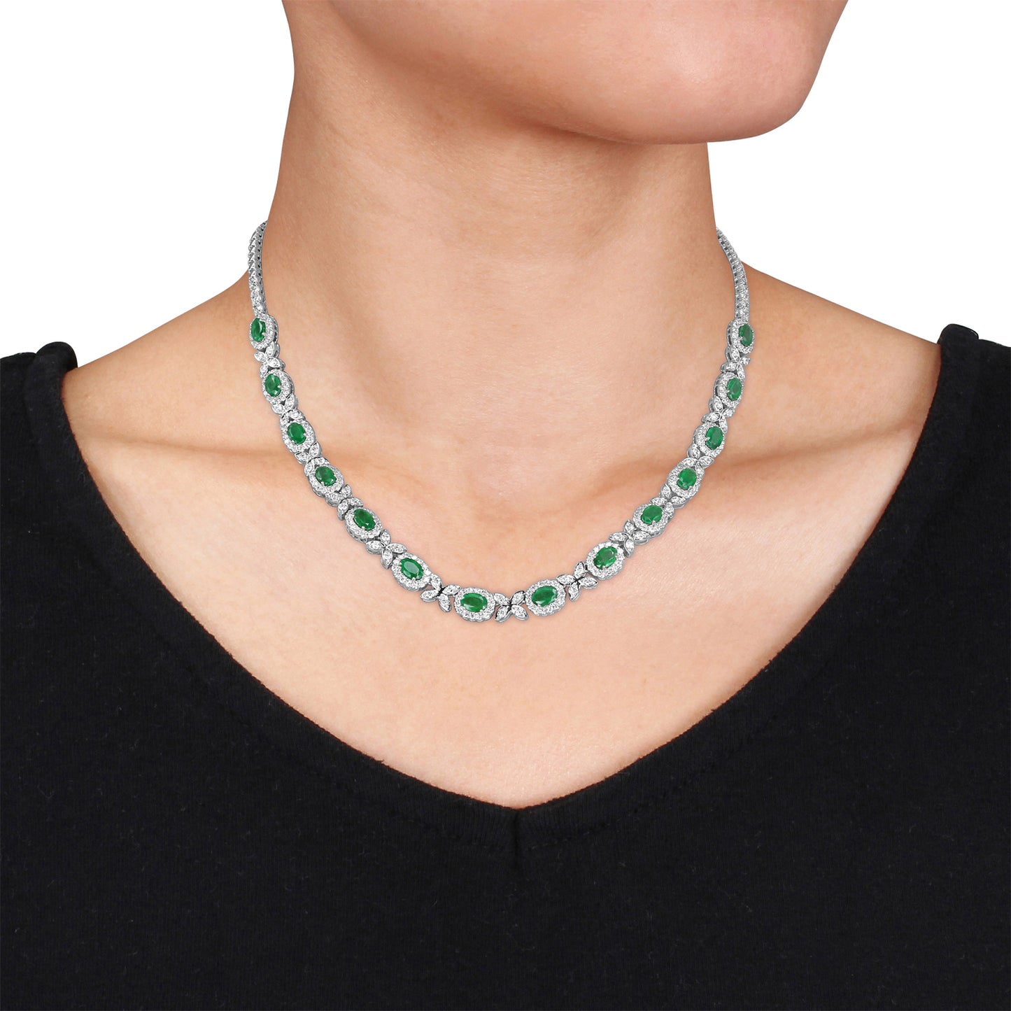 18K White Gold Oval Emerald & Diamond Necklace