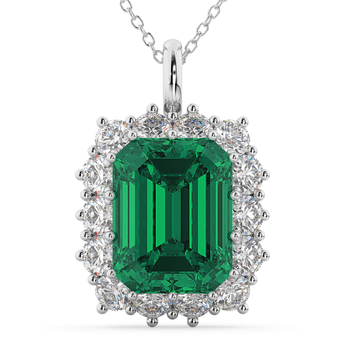 14K White Gold Emerald Cut Emerald Diamond Pendant