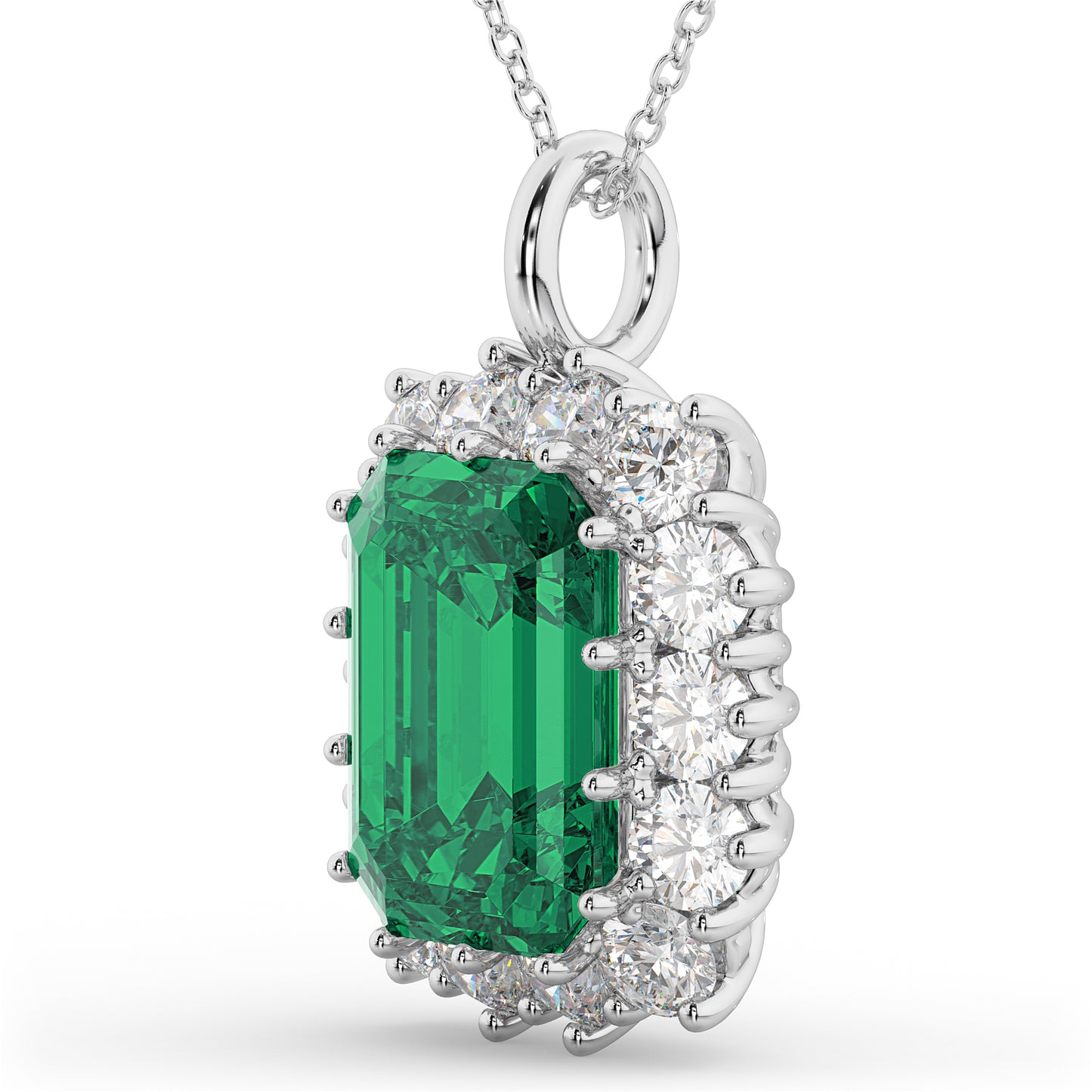 14K White Gold Emerald Cut Emerald Diamond Pendant