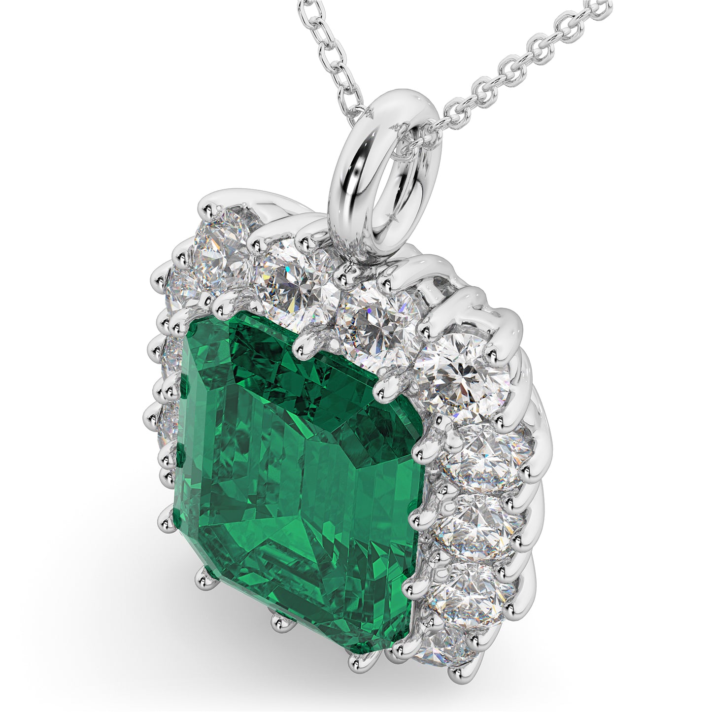 14K White Gold Emerald Cut Emerald Diamond Pendant