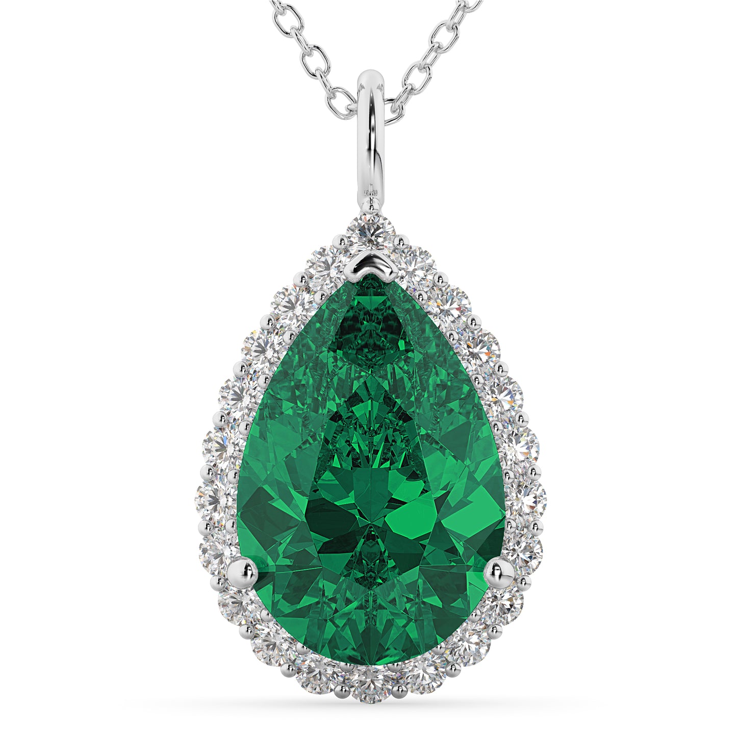 14K White Gold Emerald & Diamond Pear Shaped Pendant Necklace
