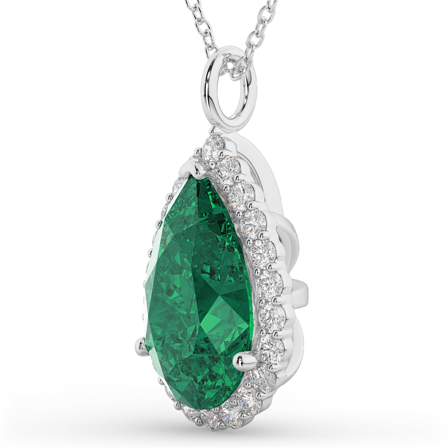 14K White Gold Emerald & Diamond Pear Shaped Pendant Necklace