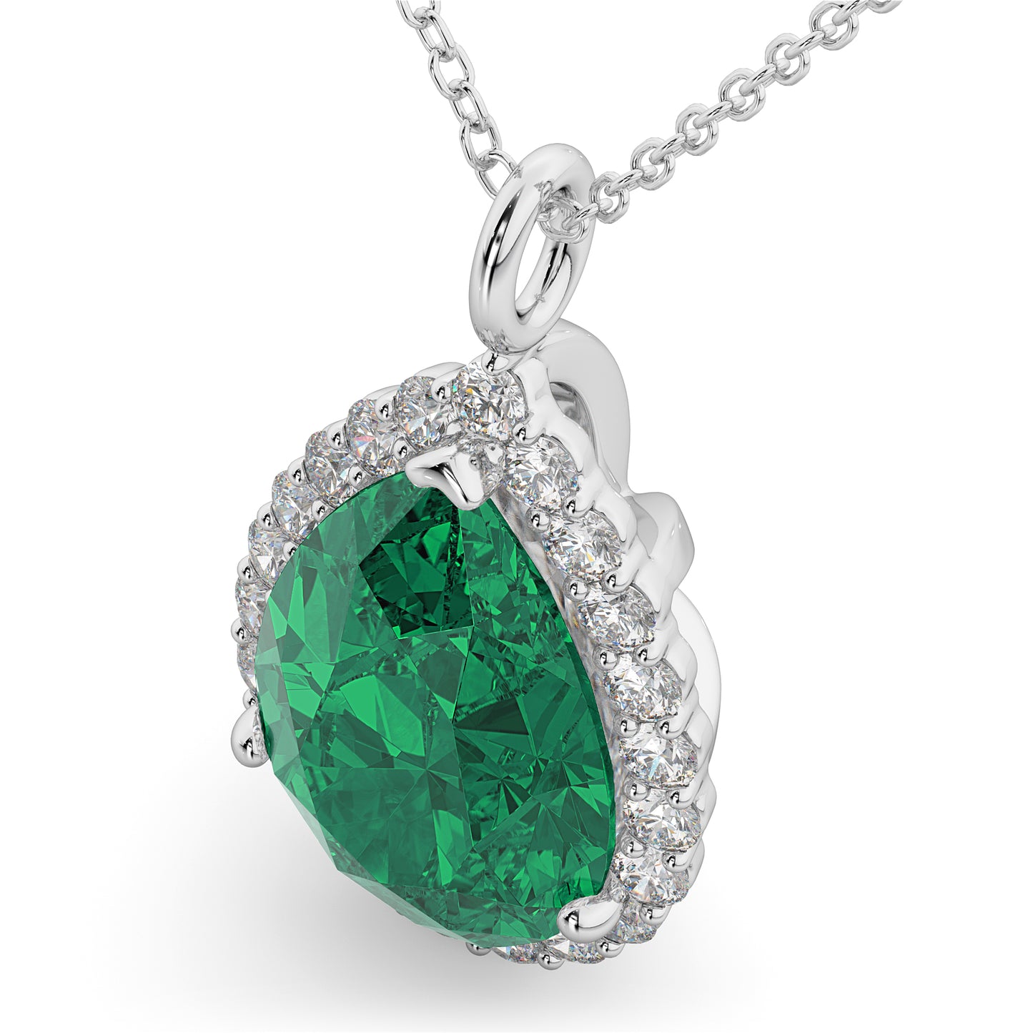 14K White Gold Emerald & Diamond Pear Shaped Pendant Necklace