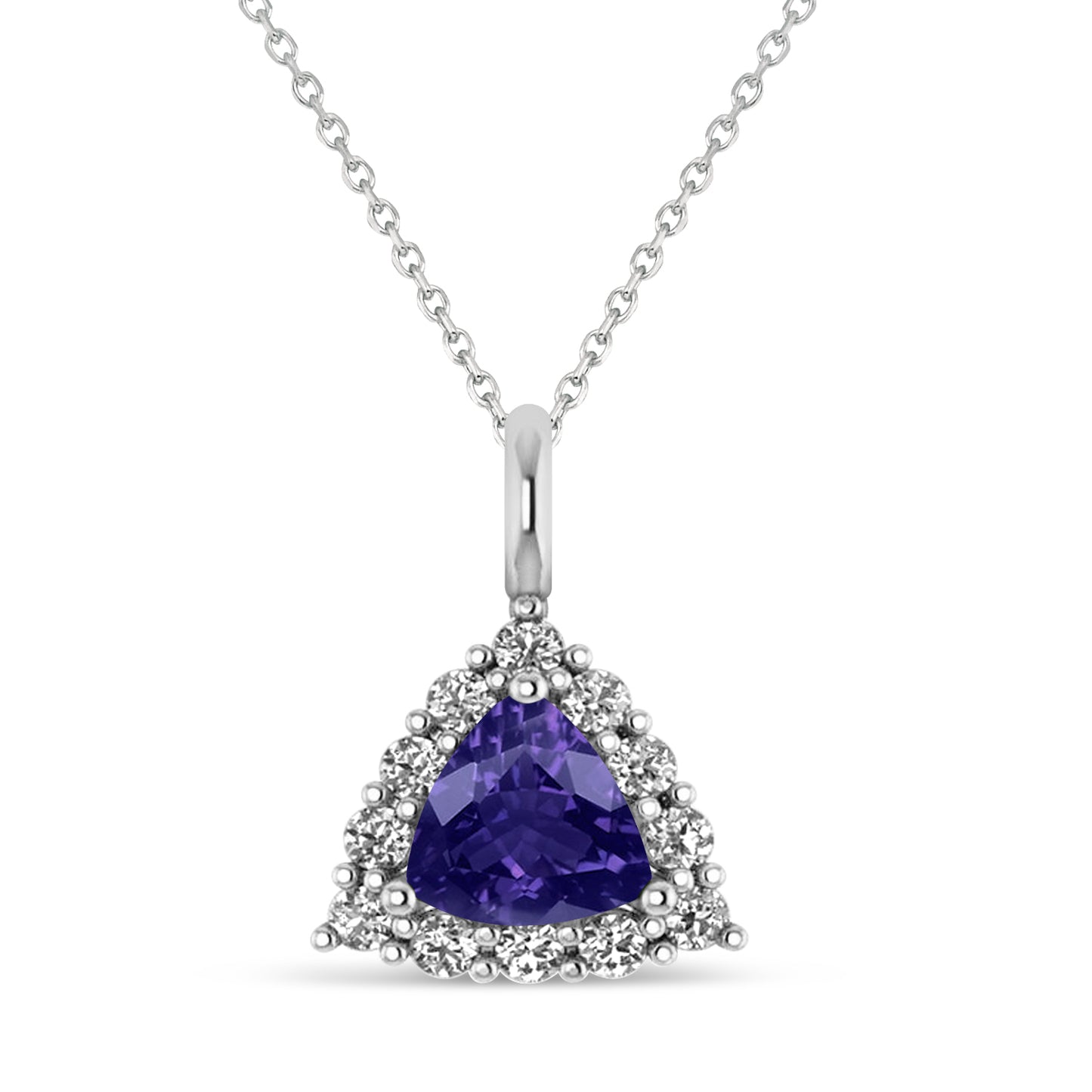 14K White Gold Diamond Tanzanite Trillion Cut Pendant Necklace