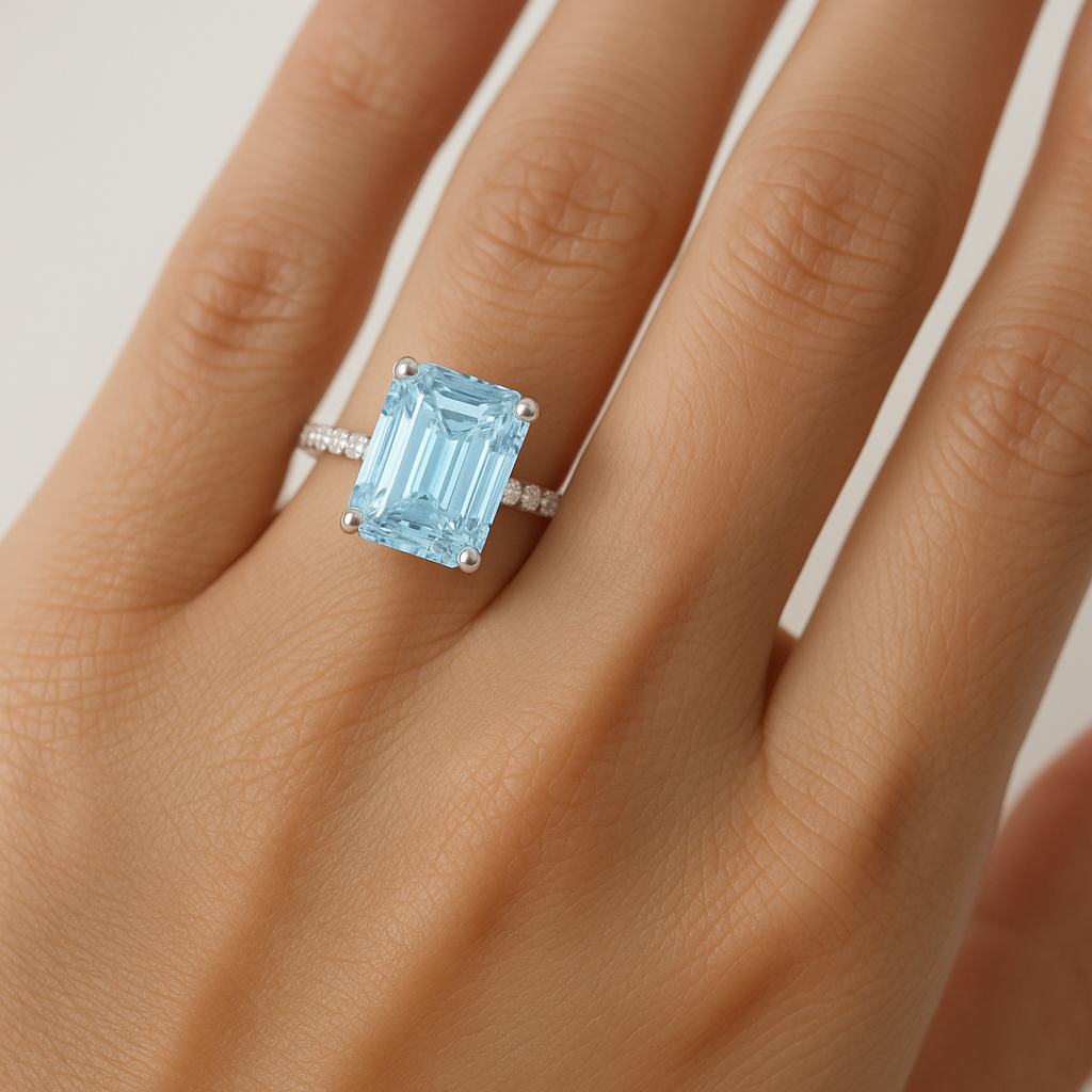emerald cut aquamarine and diamond engagement ring