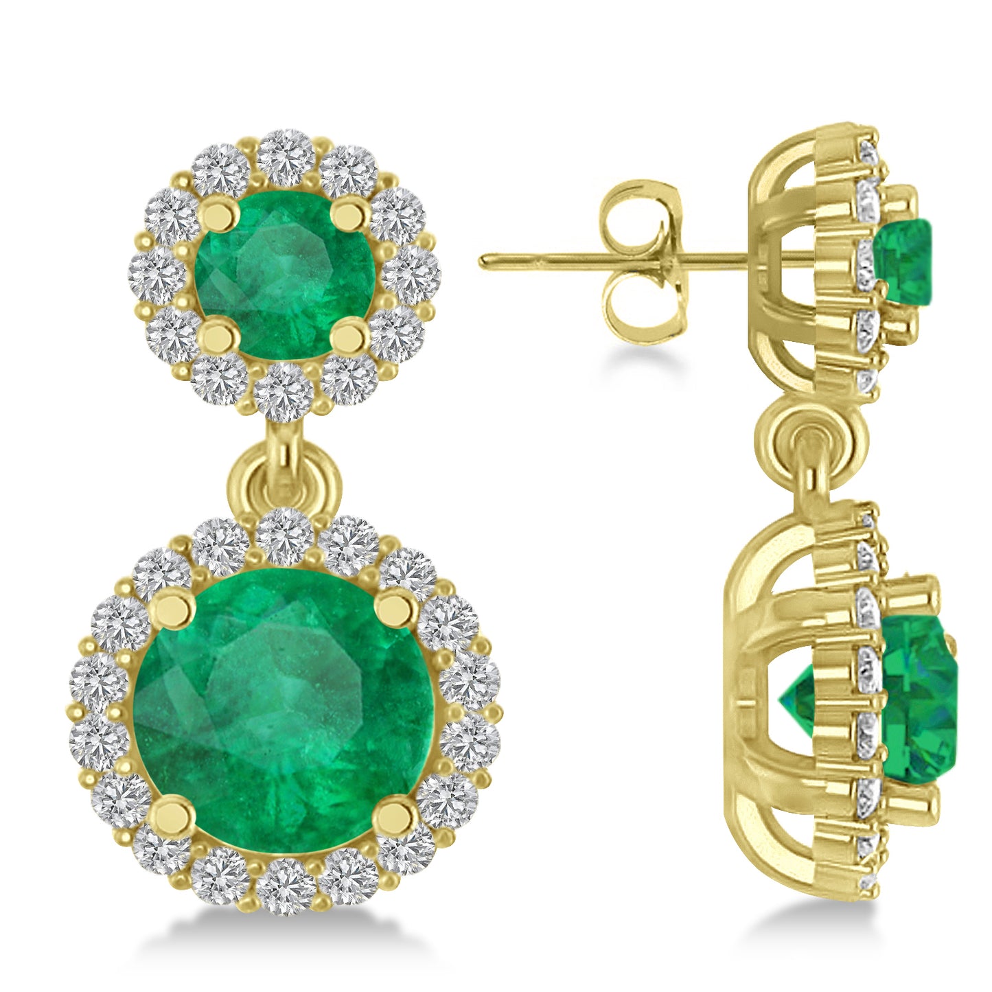 yellow gold emerald and diamond two-stone dangle earrings