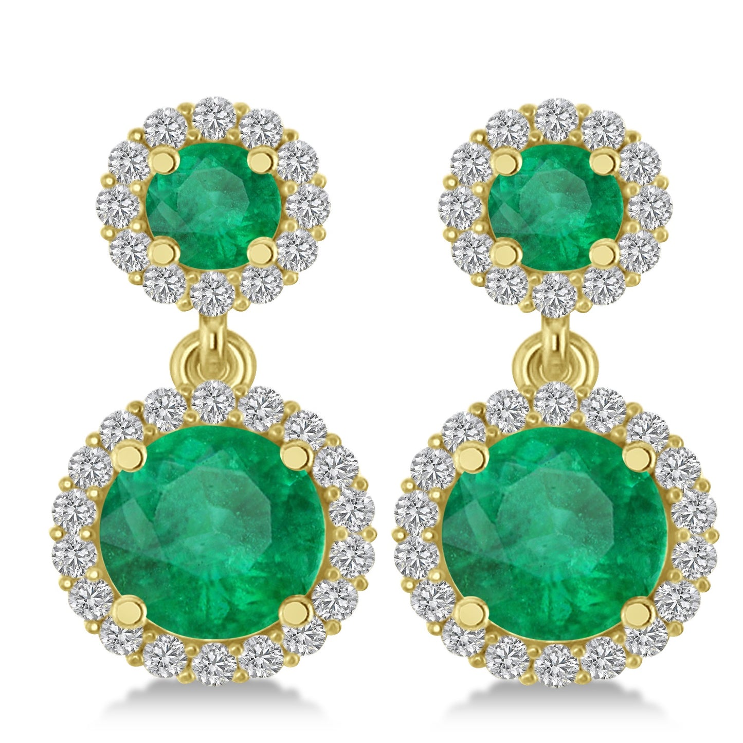 yellow gold emerald and diamond two-stone dangle earrings