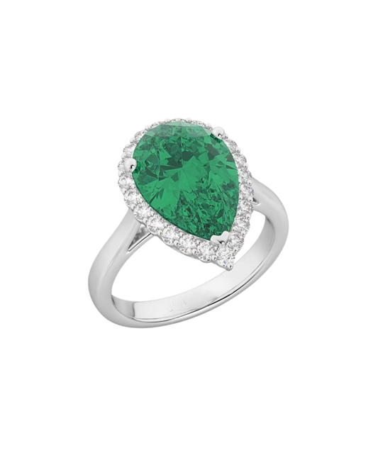 18K Pear Cut Halo Emerald & Diamond Engagement Ring