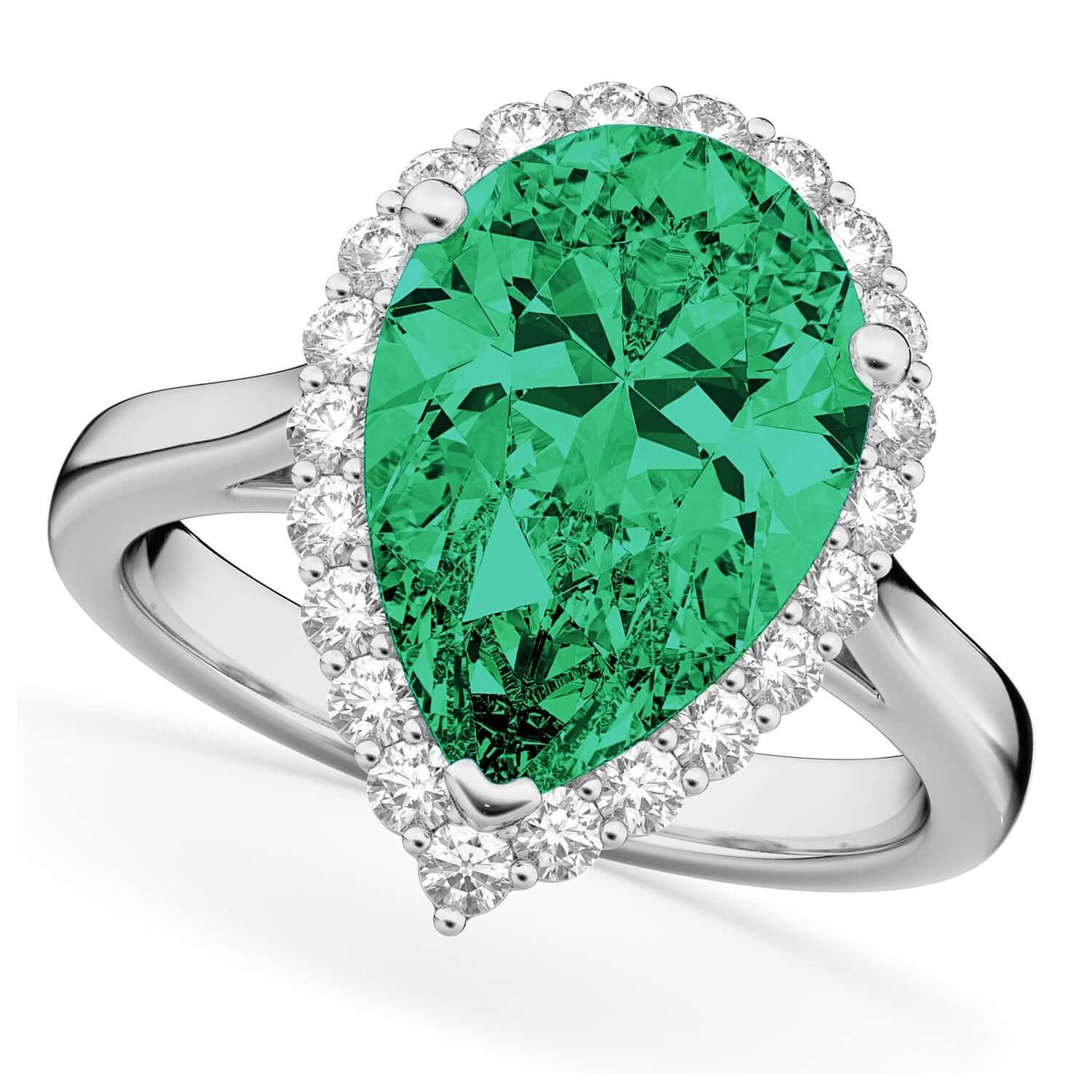 18K Pear Cut Emerald and Diamond Halo Engagement Ring
