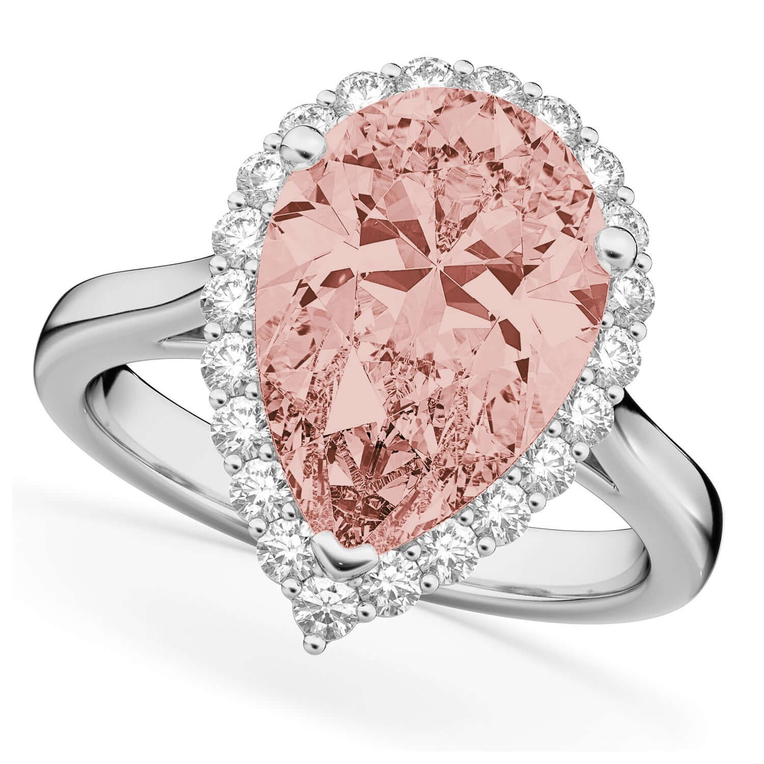 18K Pear Cut Morganite and Diamond Halo Engagement Ring
