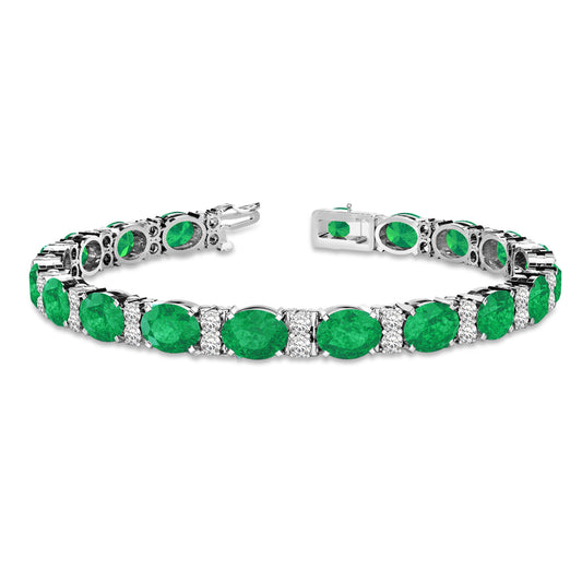18K White Gold Diamond & Oval Cut Emerald Tennis Bracelet