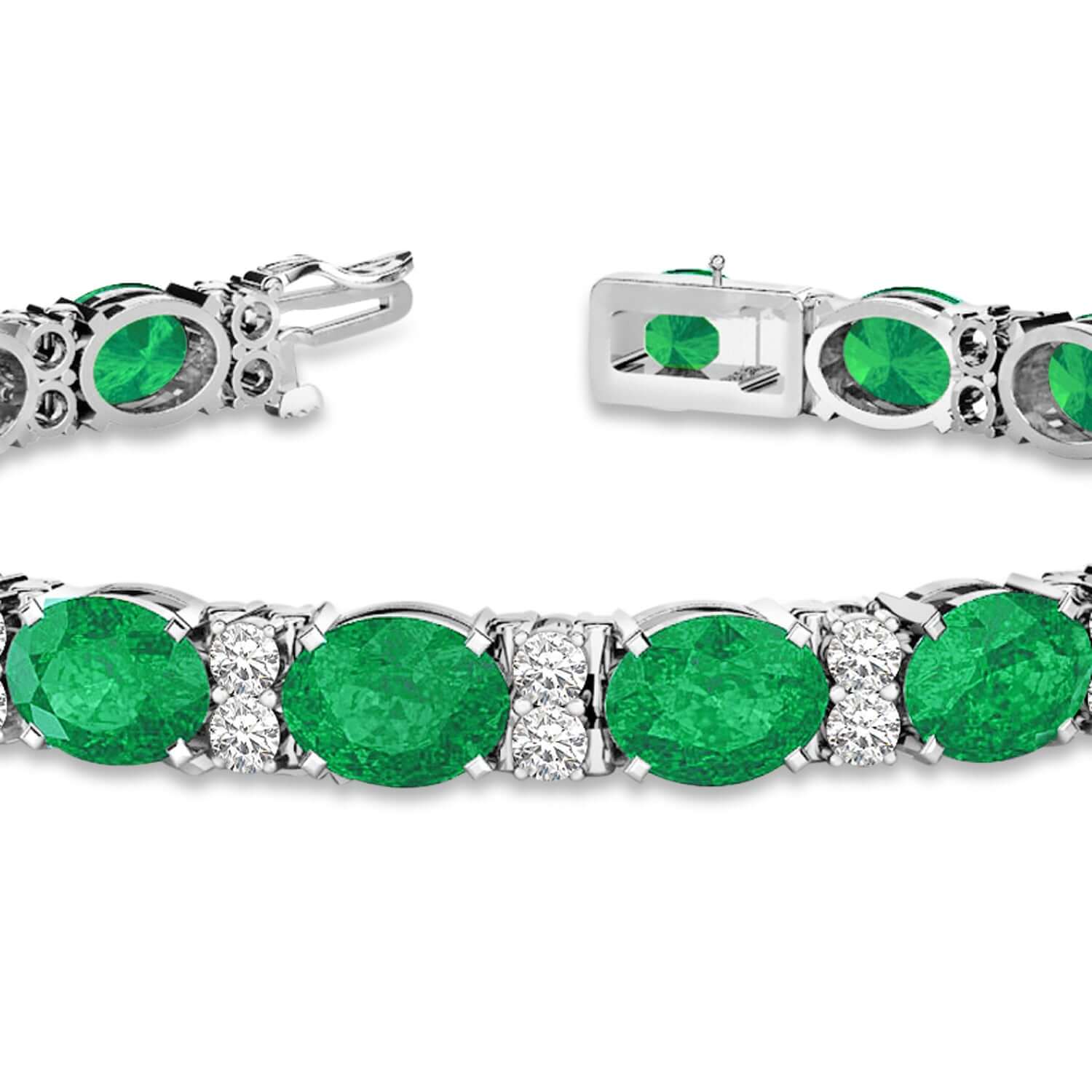 18K White Gold Oval Cut Emerald and Diamond Tennis Bracelet