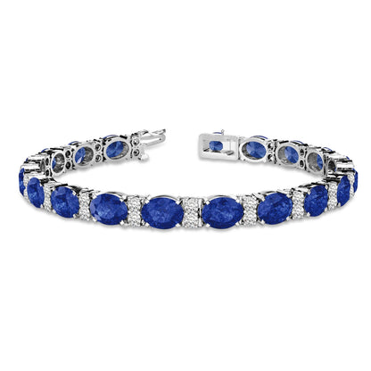 18K White Gold Tennis Bracelet with Diamonds and Oval-Cut Sapphires