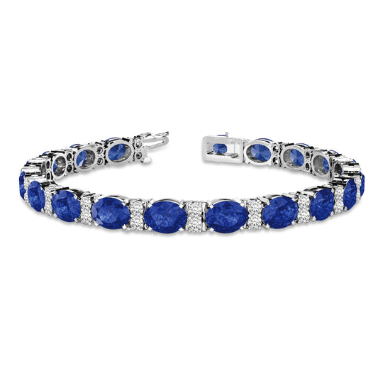18K White Gold Diamond & Oval Cut Sapphire Tennis Bracelet
