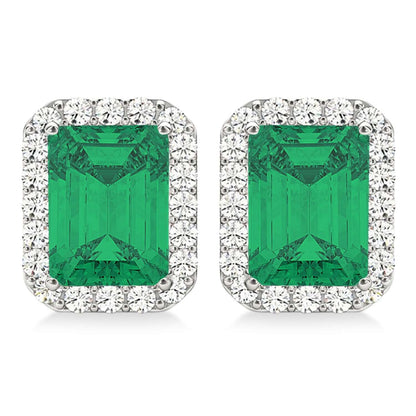 18K White Gold Emerald Cut Emerald & Diamond Halo Earrings