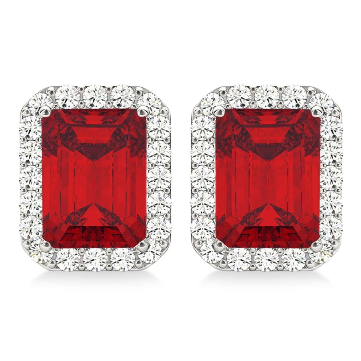 Emerald Cut Ruby and Diamond Halo Earrings in 18K White Gold