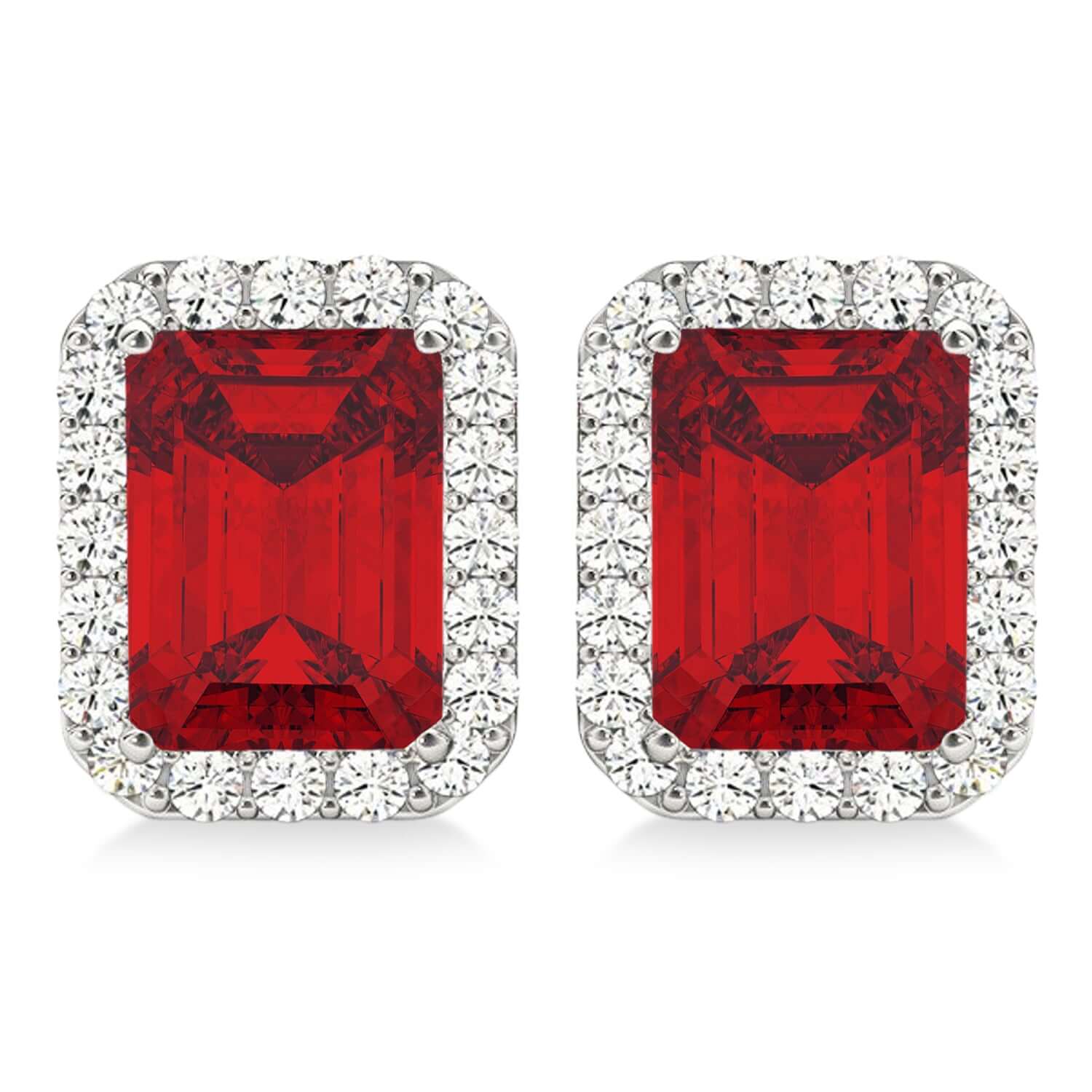 Emerald Cut Ruby and Diamond Halo Earrings in 18K White Gold