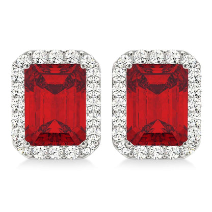 Emerald Cut Ruby and Diamond Halo Earrings in 18K White Gold