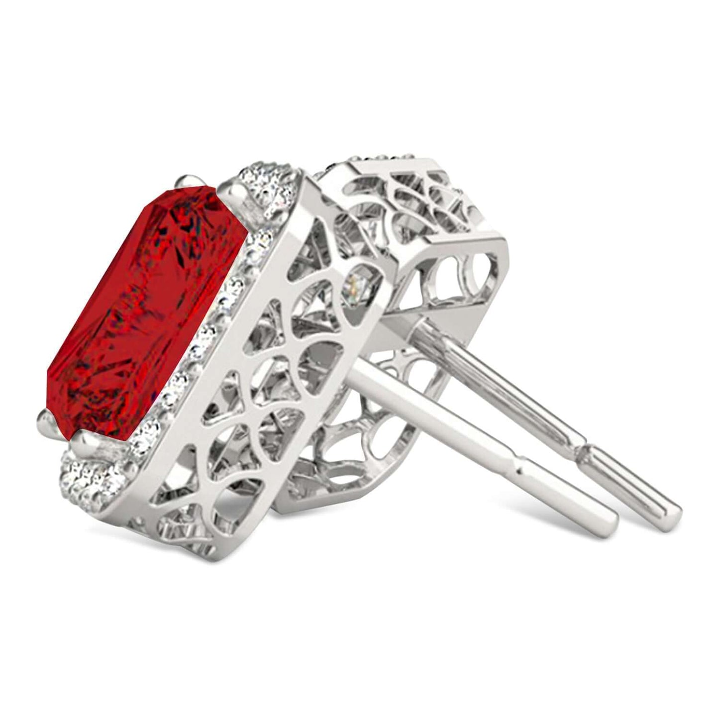 Emerald Cut Ruby and Diamond Halo Earrings in 18K White Gold
