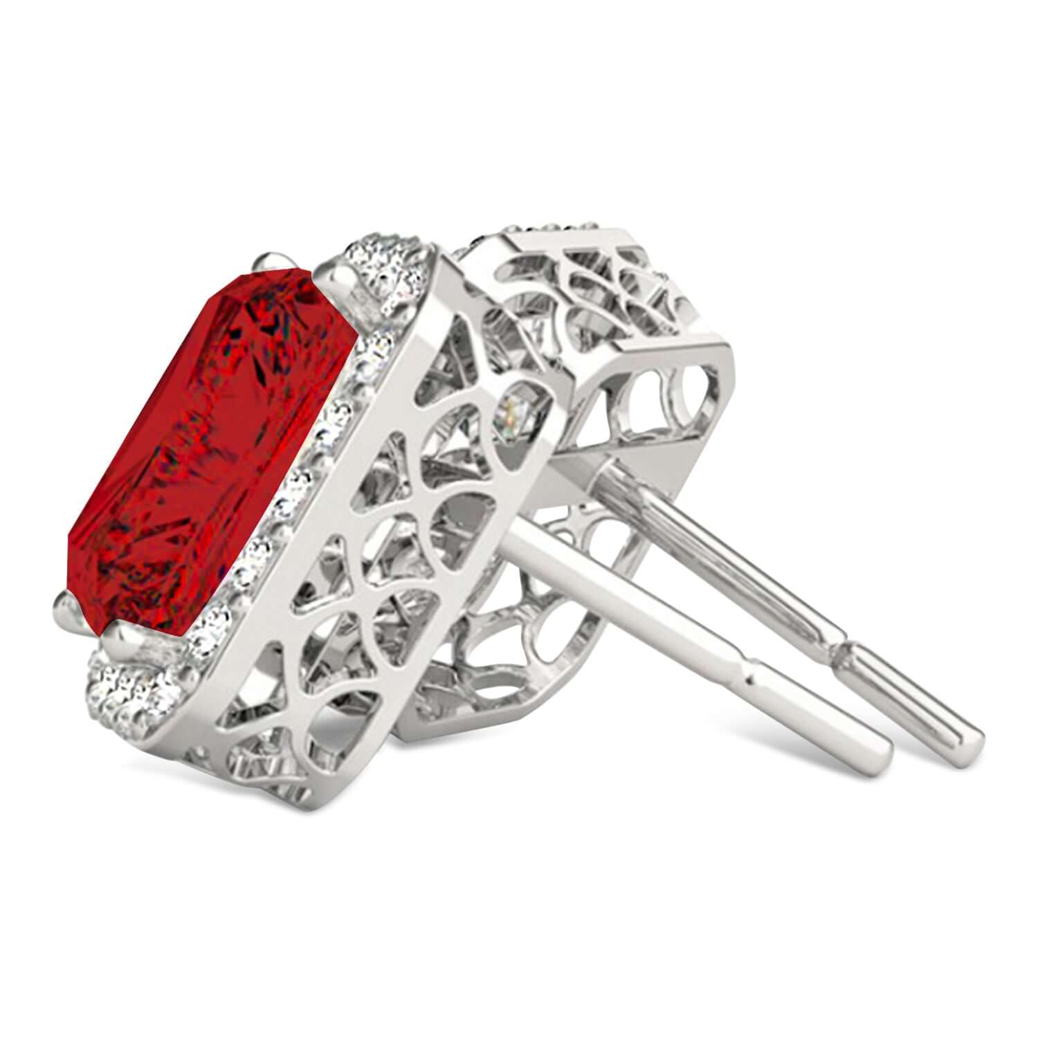 Emerald Cut Ruby and Diamond Halo Earrings in 18K White Gold